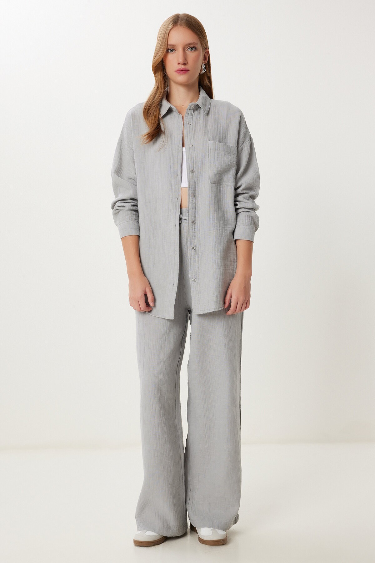 Oversize Müslin Gömlek Pantolon Takım GRİ LSA0014