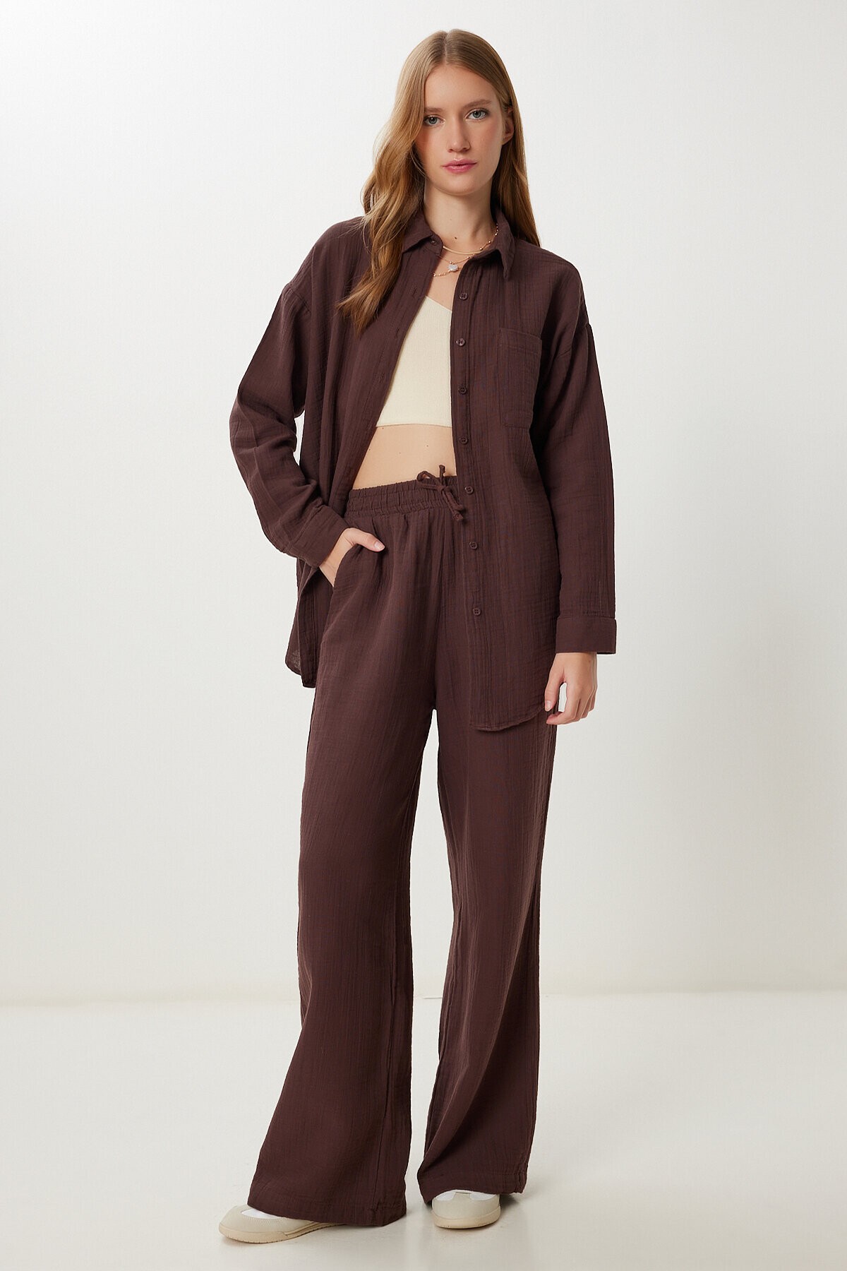 Oversize Müslin Gömlek Pantolon Takım KOYU KAHVERENGİ LSA0014