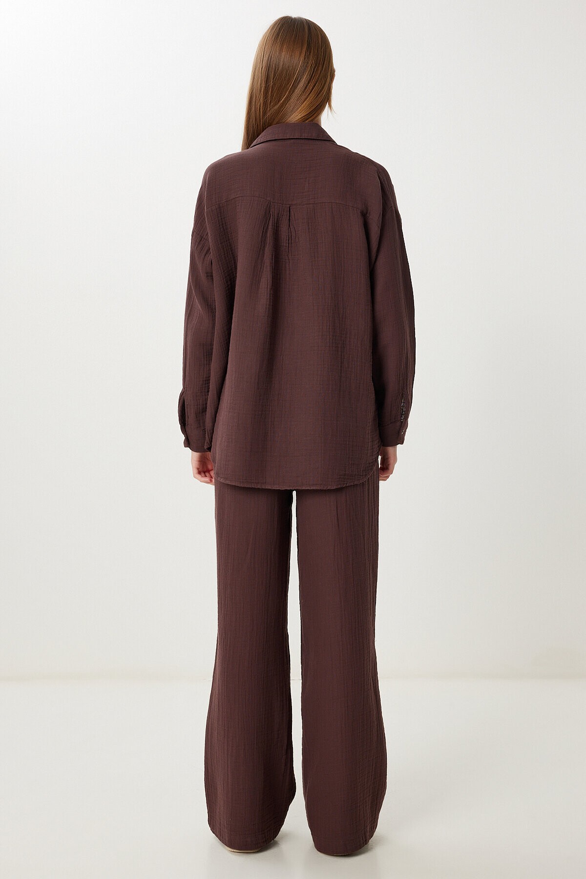 Oversize Müslin Gömlek Pantolon Takım KOYU KAHVERENGİ LSA0014