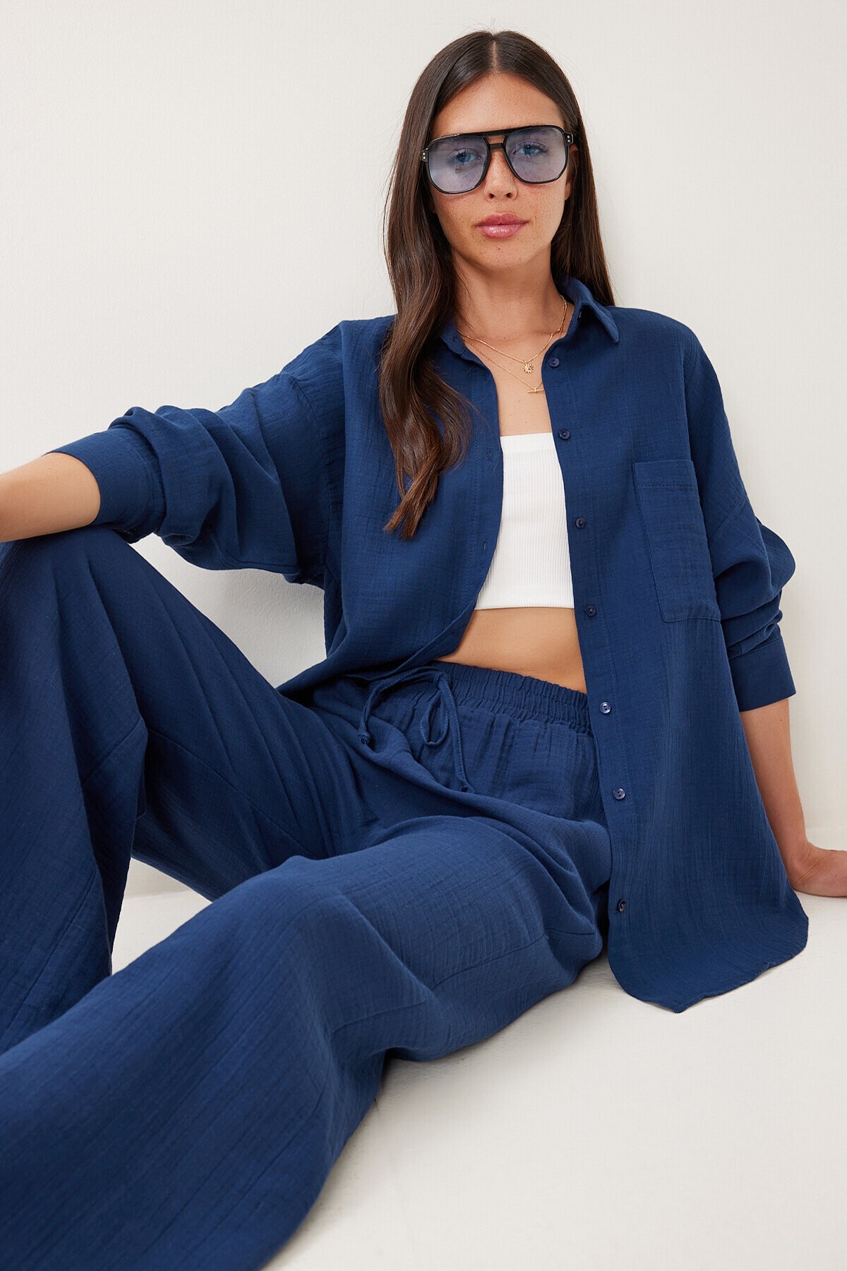 Oversize Müslin Gömlek Pantolon Takım LACİVERT LSA0014