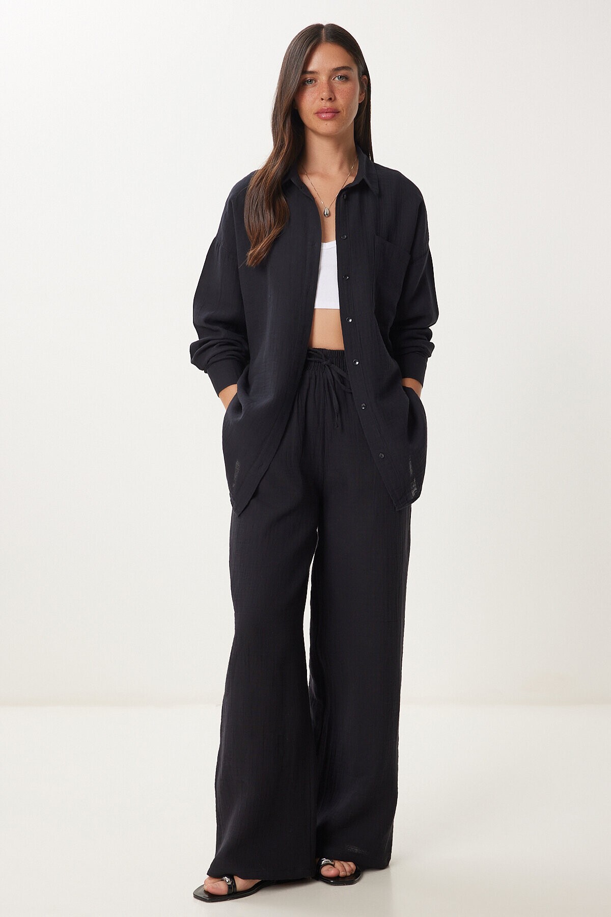 Oversize Müslin Gömlek Pantolon Takım SİYAH LSA0014