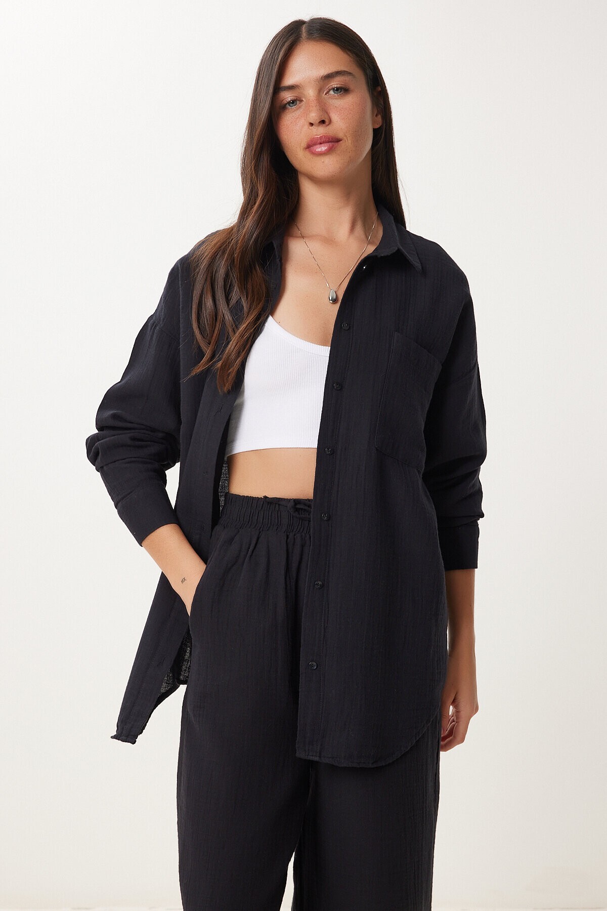 Oversize Müslin Gömlek Pantolon Takım SİYAH LSA0014