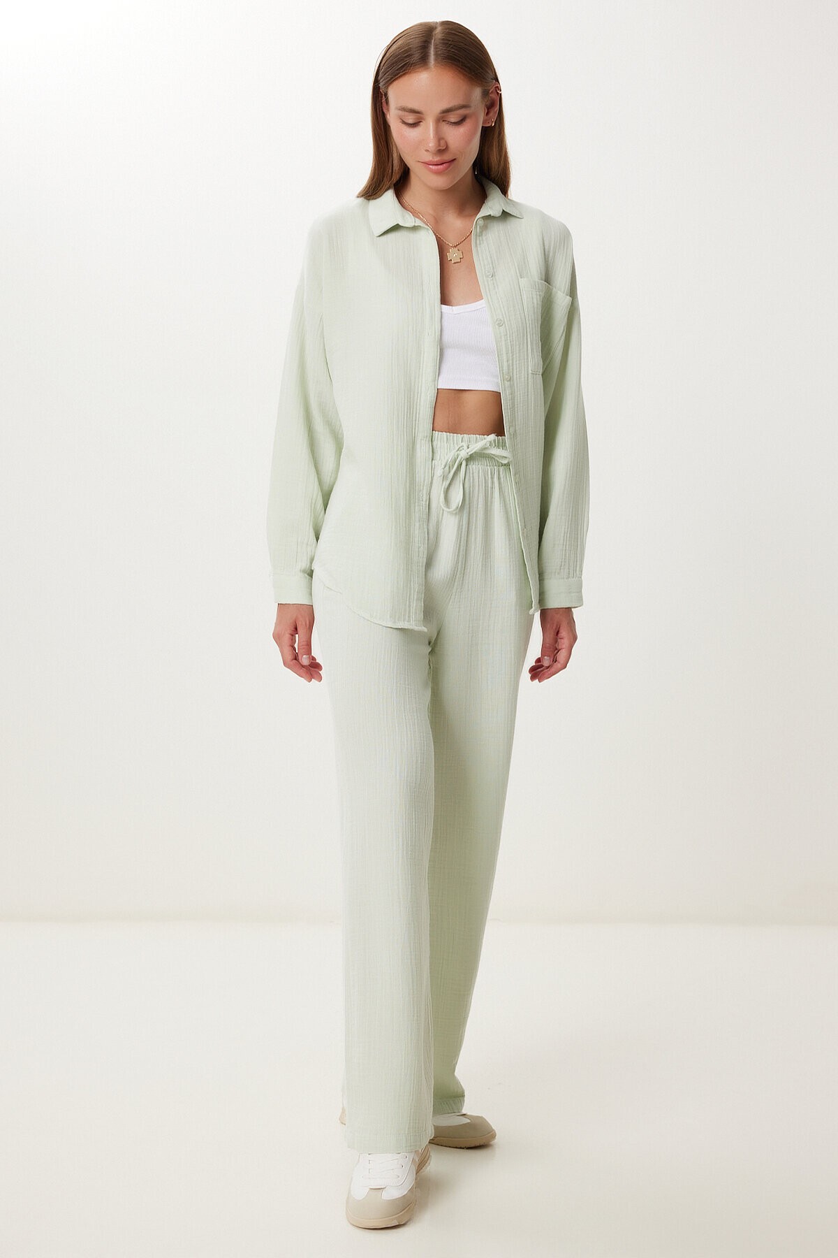 Oversize Müslin Gömlek Pantolon Takım SU YEŞİLİ LSA0014