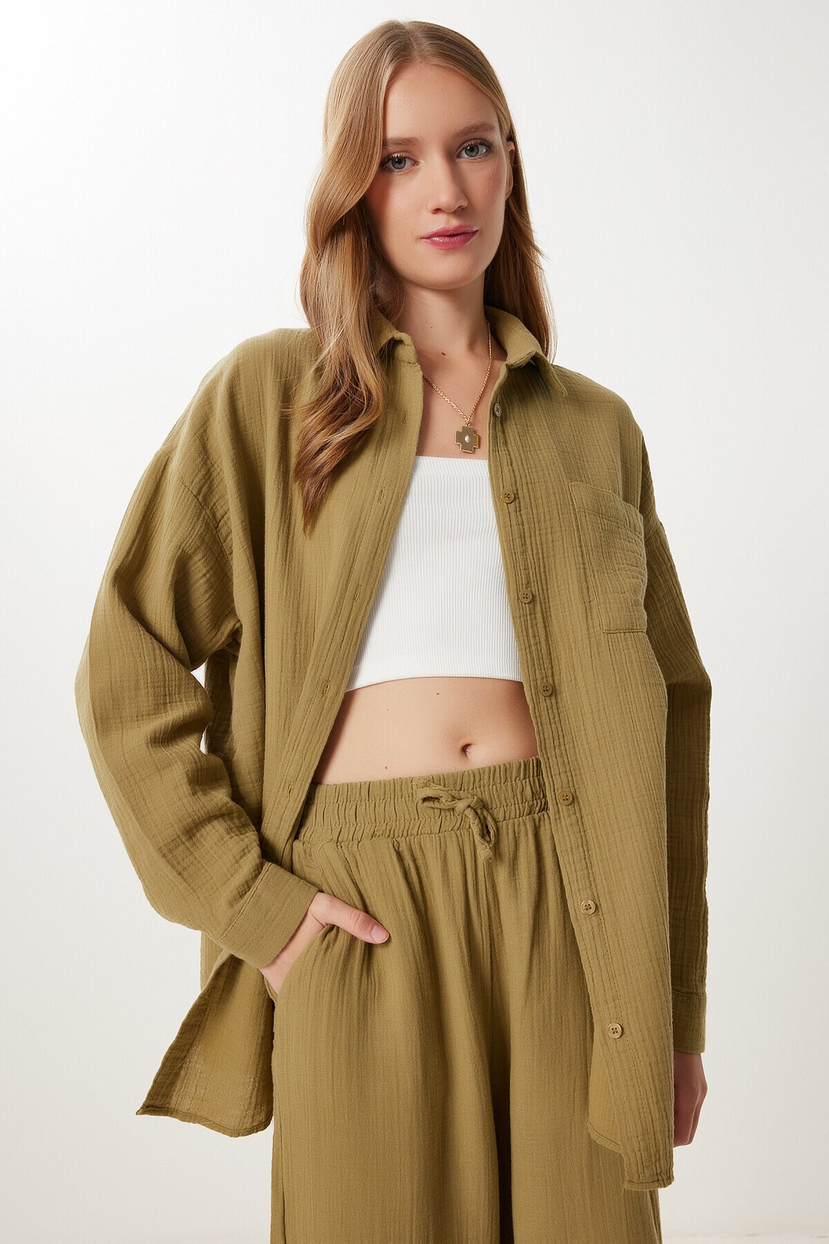Oversize Müslin Gömlek Pantolon Takım ZEYTİN YEŞİLİ LSA0014
