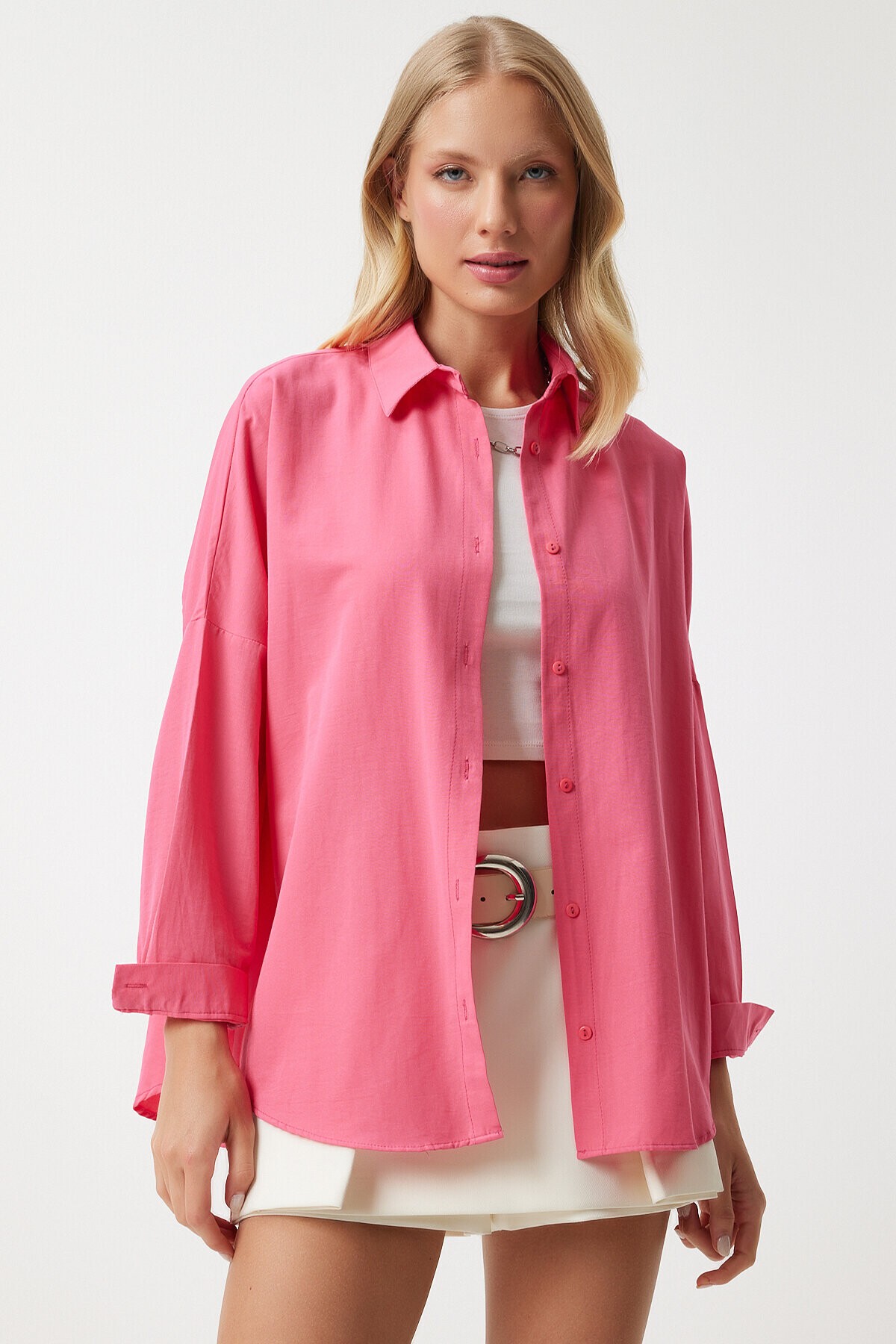 Oversize Uzun Basic Gömlek PEMBE LMX0106