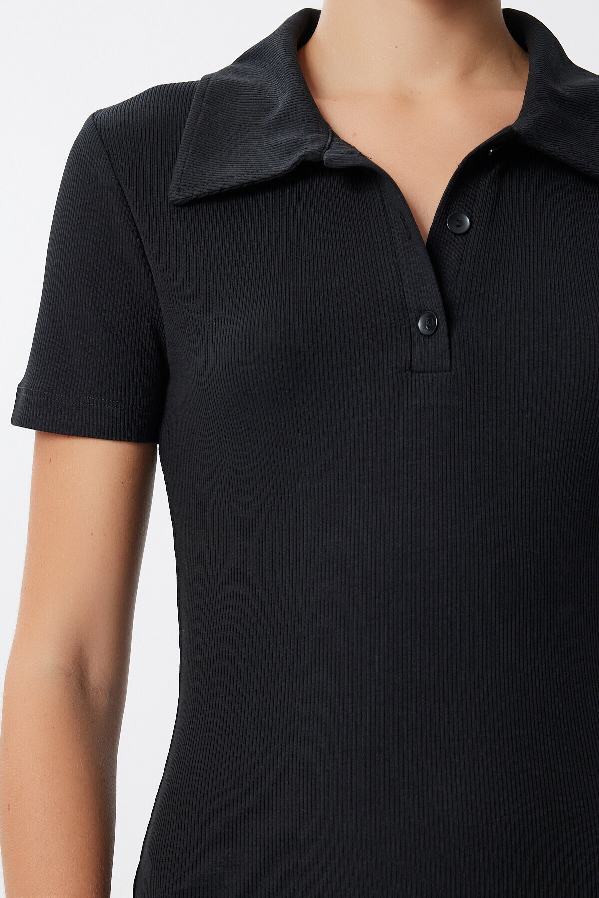 Polo Yaka Fitilli Mini Örme Elbise SİYAH LMX0110