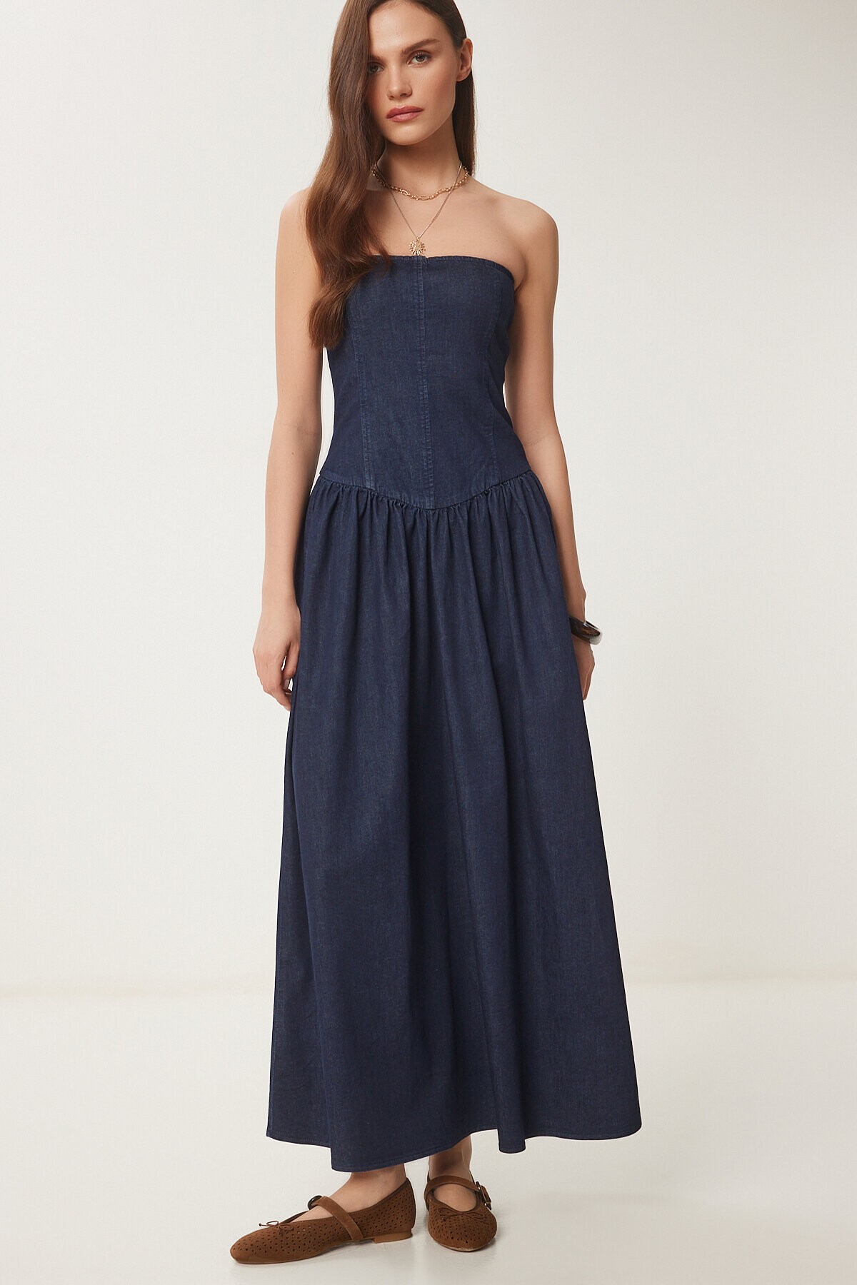 Straplez Midi Denim Elbise KOYU MAVİ LNS0039