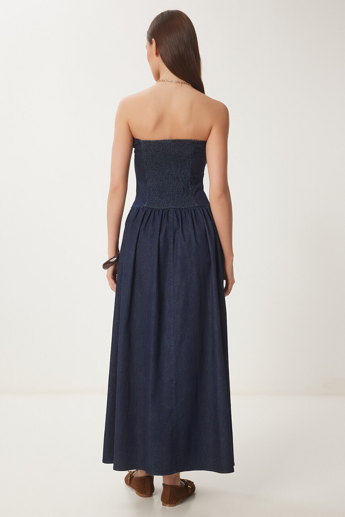 Straplez Midi Denim Elbise KOYU MAVİ LNS0039