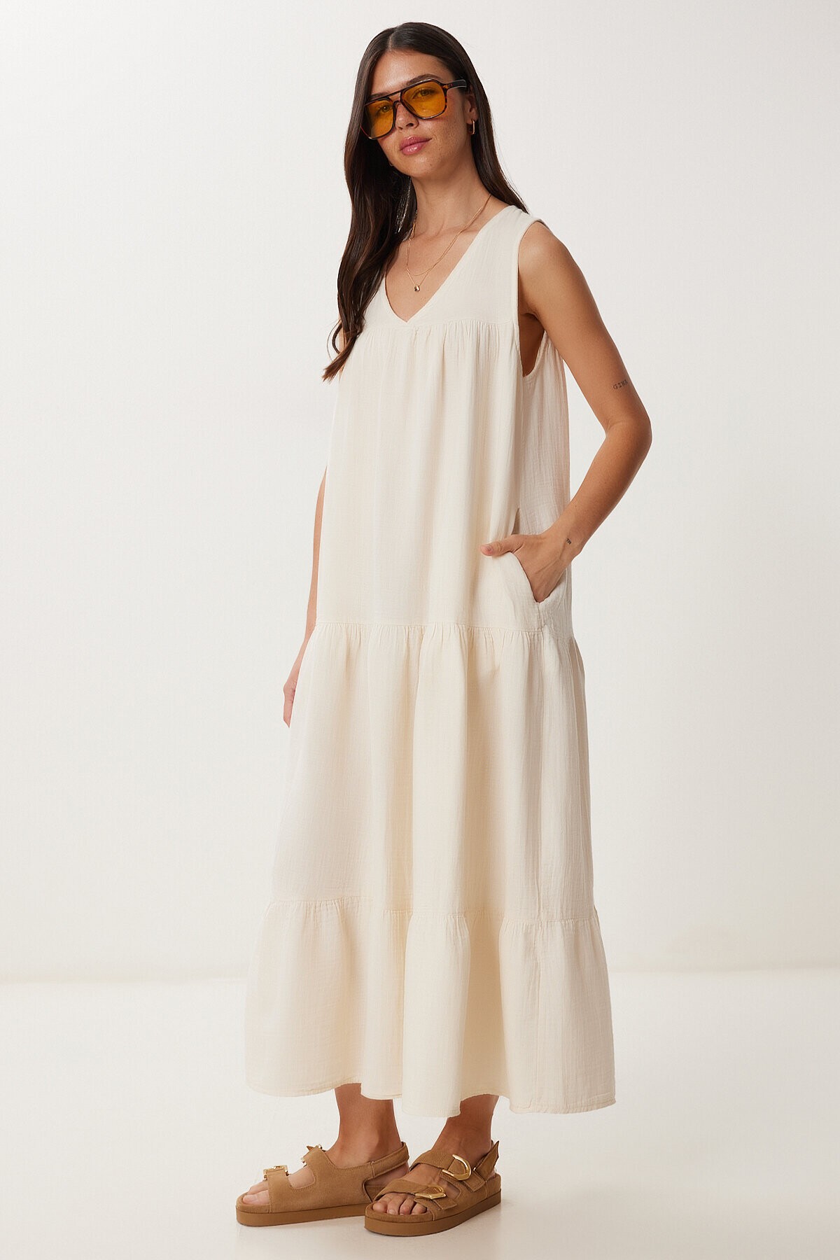Volanlı Yazlık Müslin Elbise KREM LMX0087