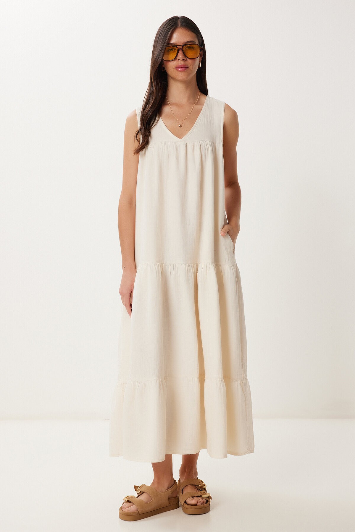 Volanlı Yazlık Müslin Elbise KREM LMX0087
