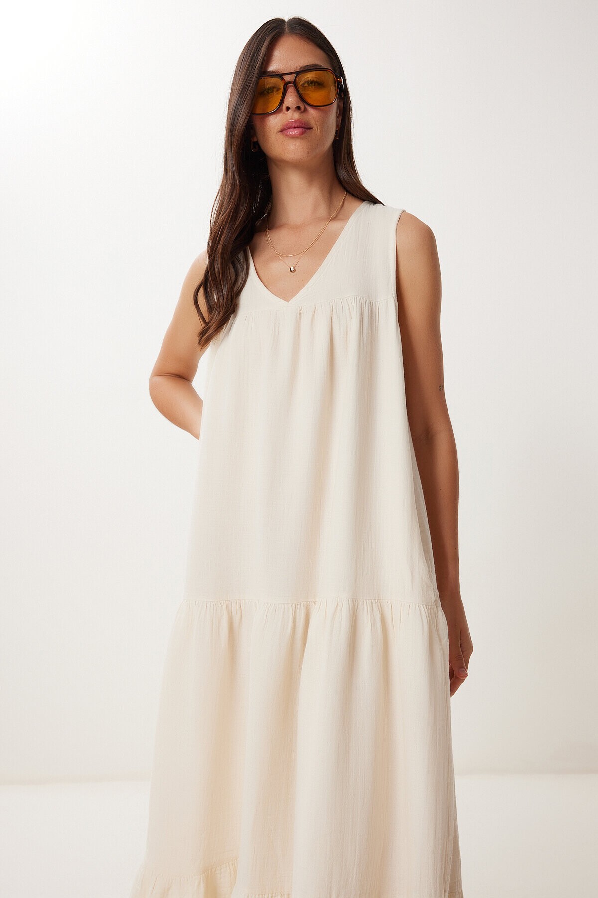 Volanlı Yazlık Müslin Elbise KREM LMX0087