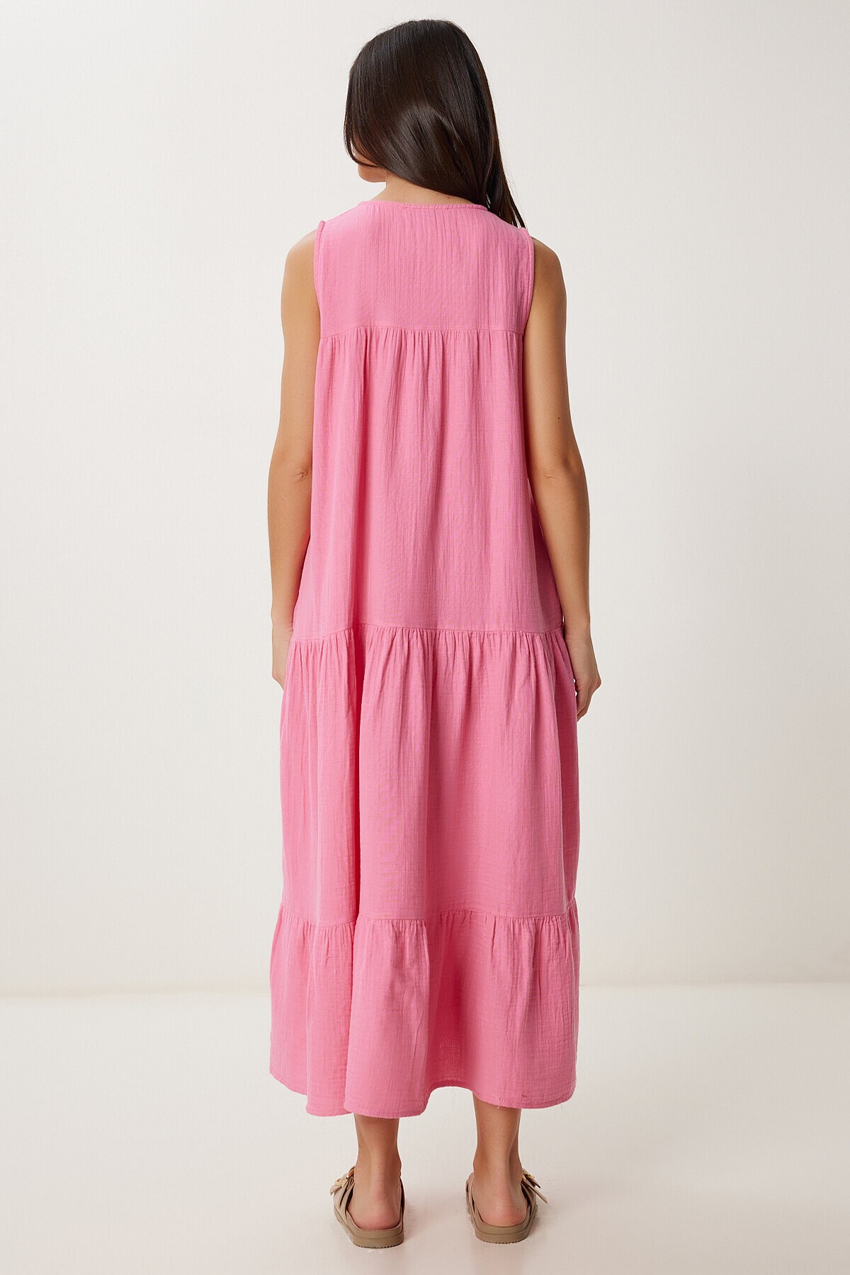 Volanlı Yazlık Müslin Elbise PEMBE LMX0087