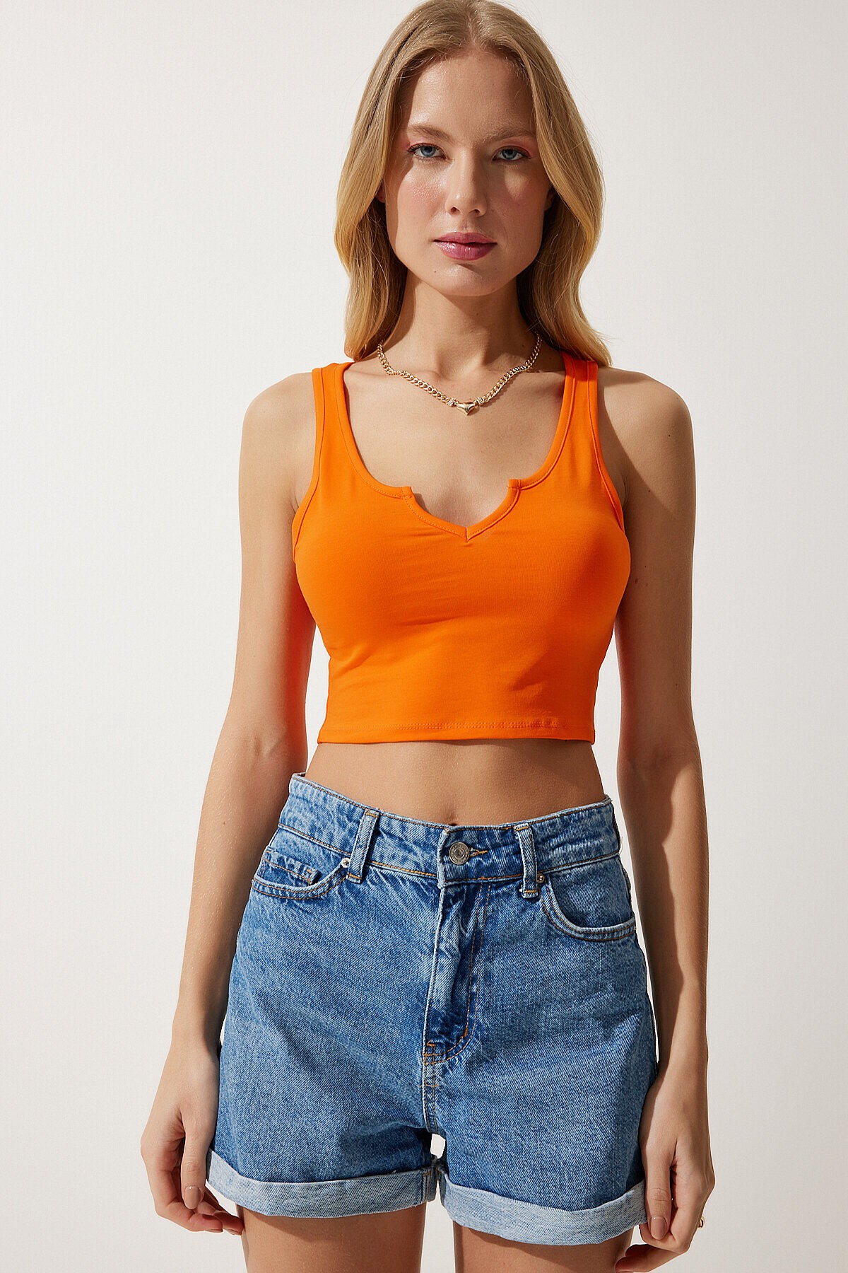 Askılı Crop Örme Bluz ORANJ LOW0039