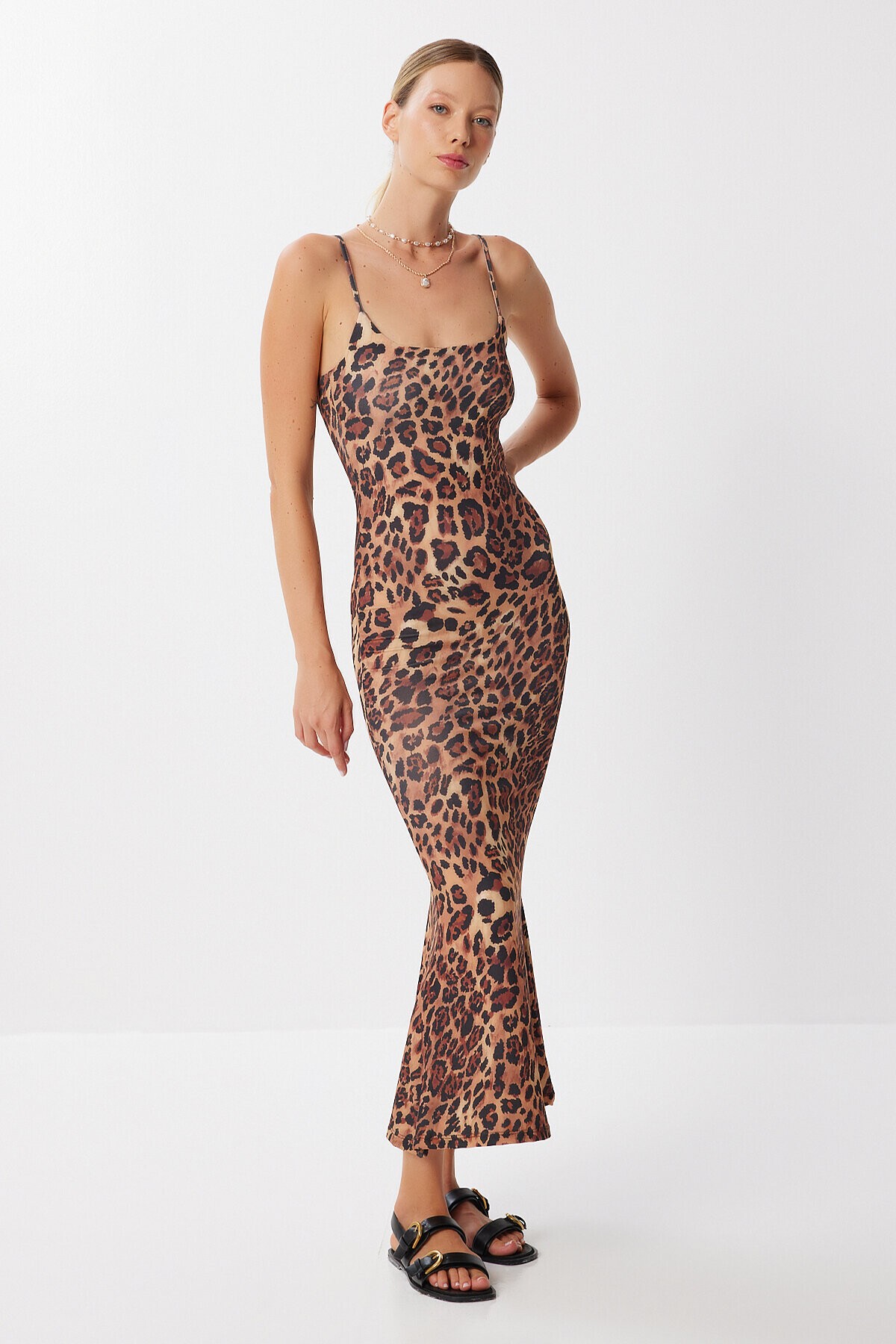 Askılı Desenli Sandy Elbise SİYAH CAMEL LKT0022
