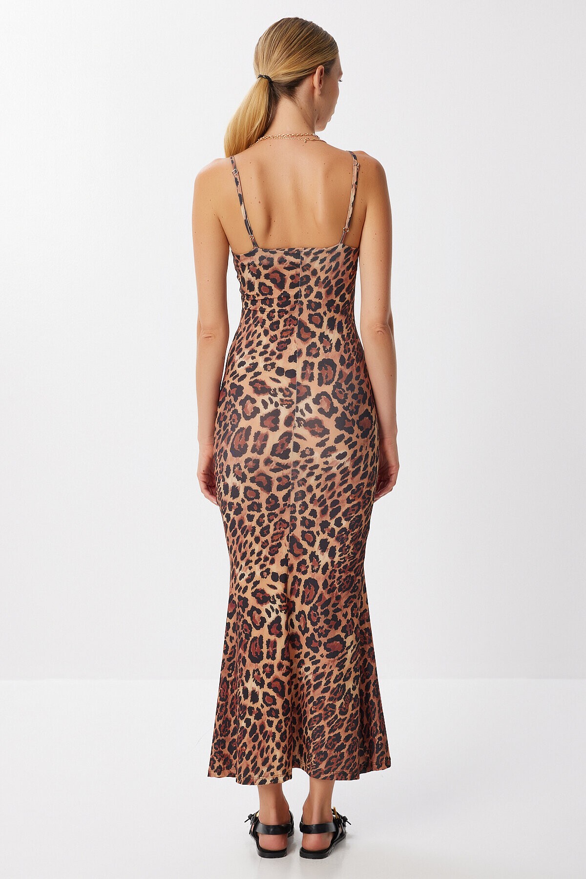 Askılı Desenli Sandy Elbise SİYAH CAMEL LKT0022