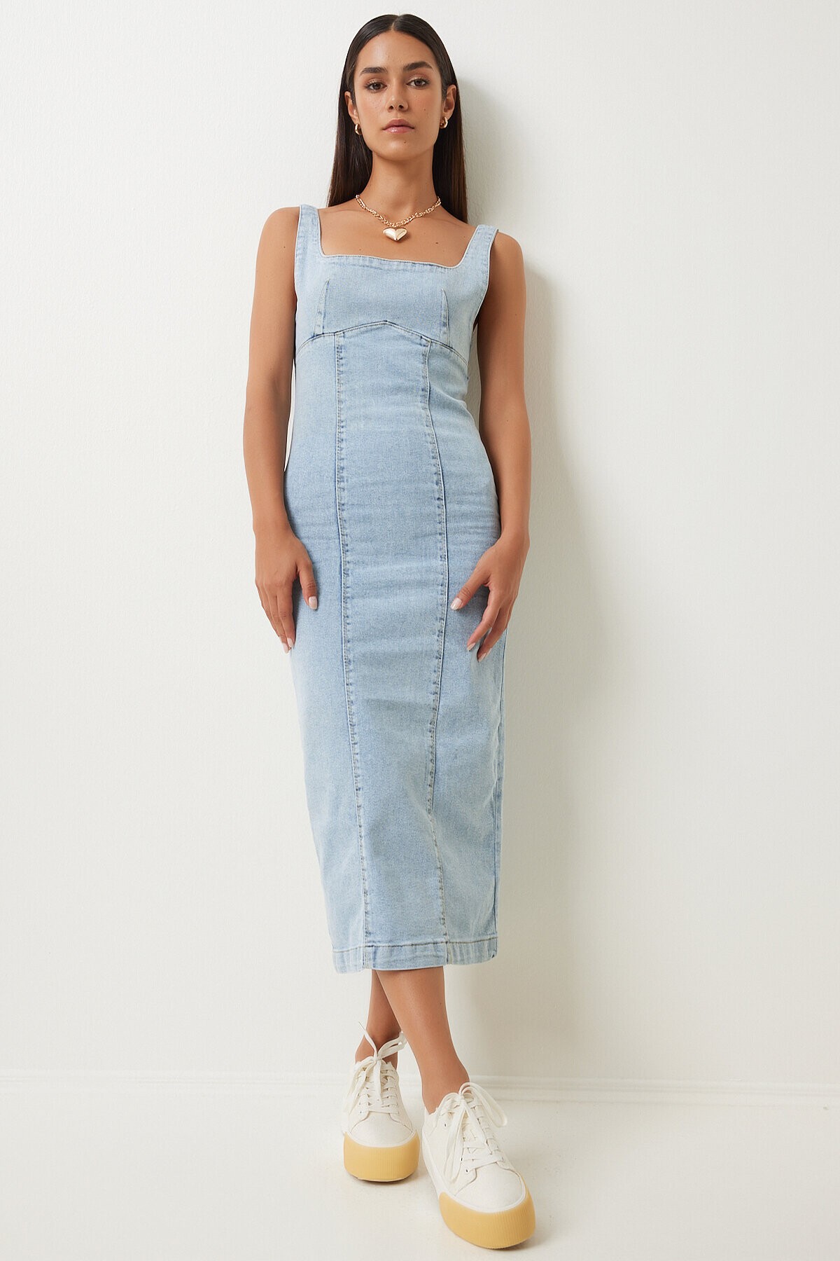Askılı Midi Denim Elbise AÇIK MAVİ LOK0001