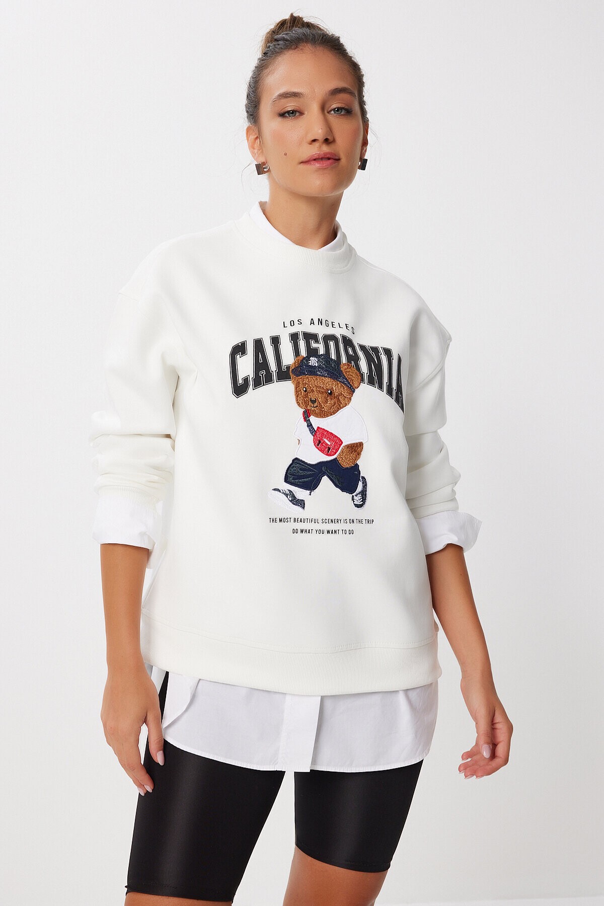 Ayıcık Armalı Baskılı Oversize Örme Sweatshirt EKRU LMC0074