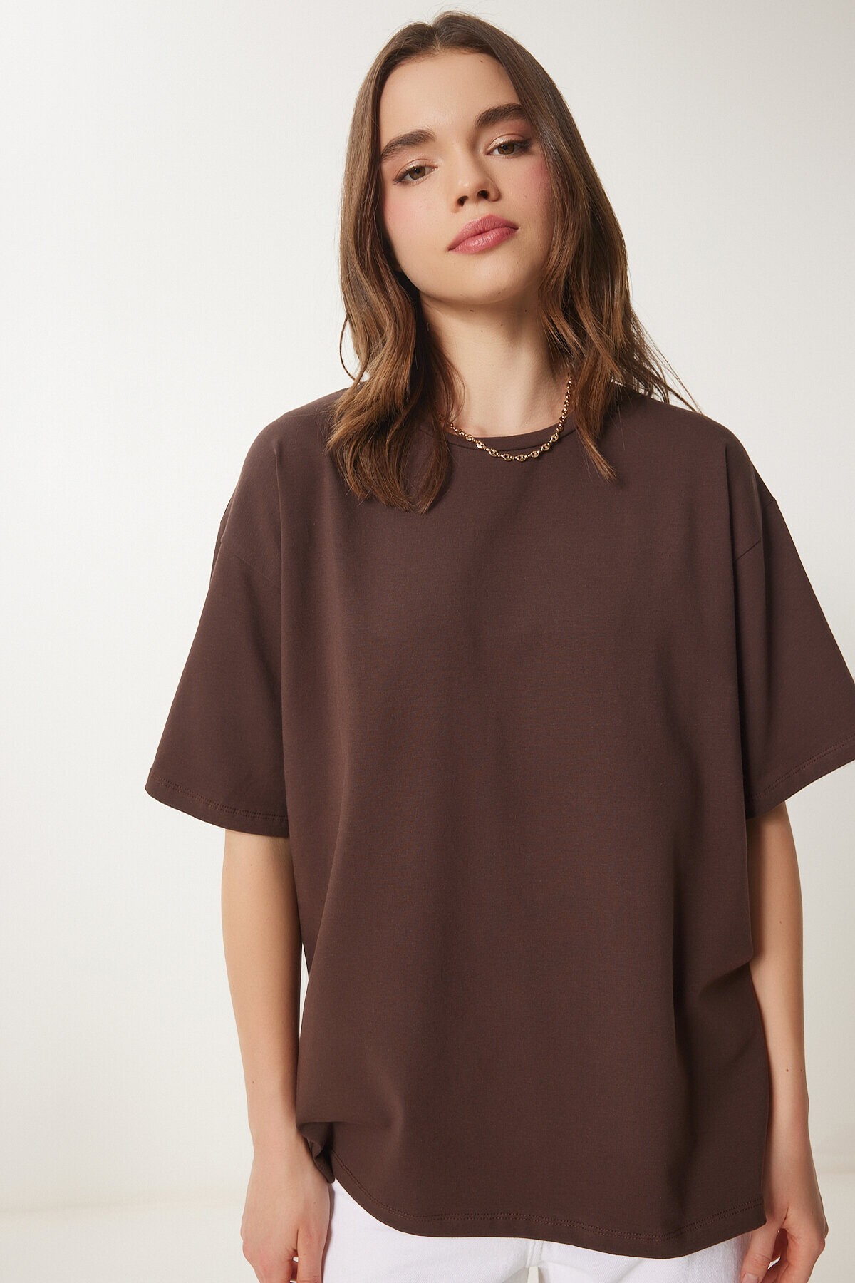Basic Oversize Örme T-shirt KAHVERENGİ LHW0003