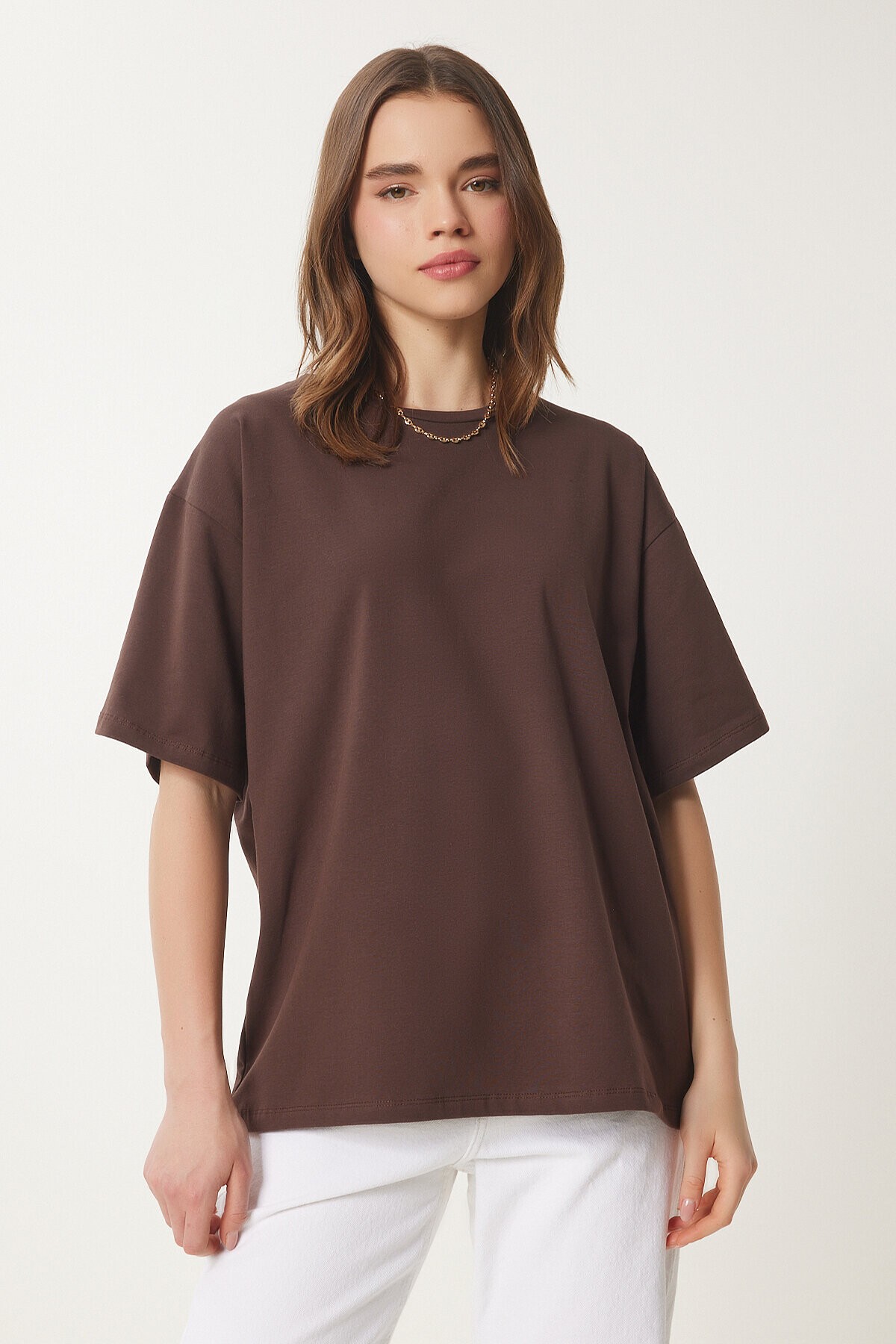 Basic Oversize Örme T-shirt KAHVERENGİ LHW0003