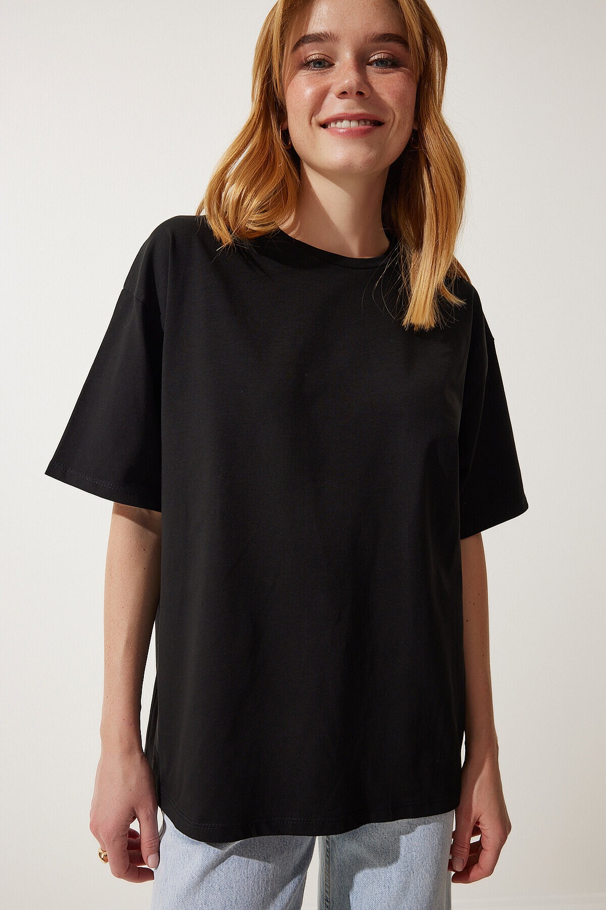 Basic Oversize Örme T-shirt SİYAH LHW0003