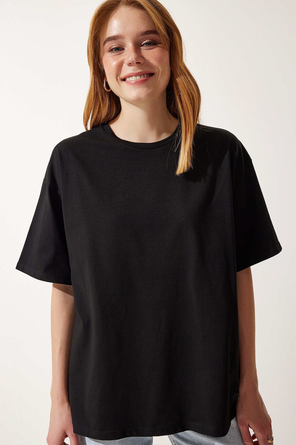 Basic Oversize Örme T-shirt SİYAH LHW0003