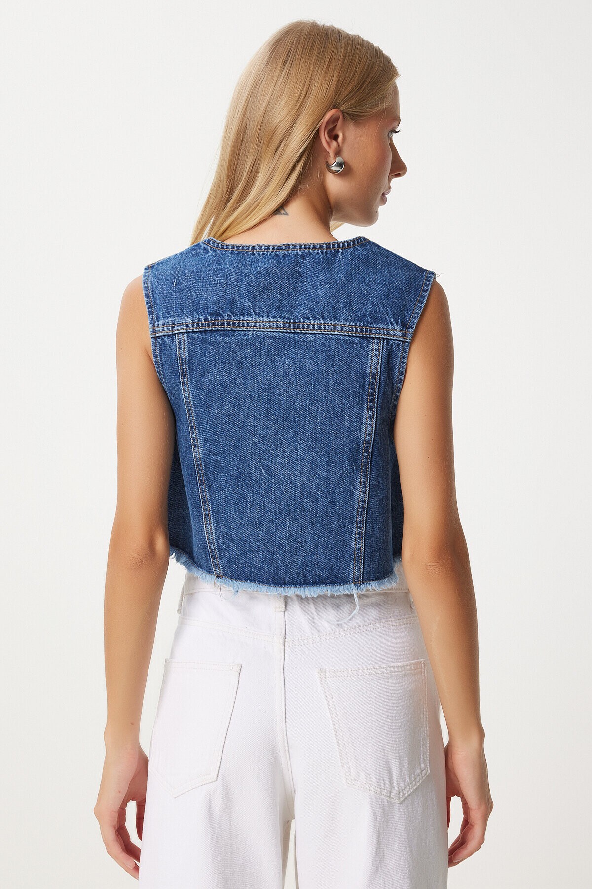 Cepli Crop Denim Yelek KOYU MAVİ LOK0004