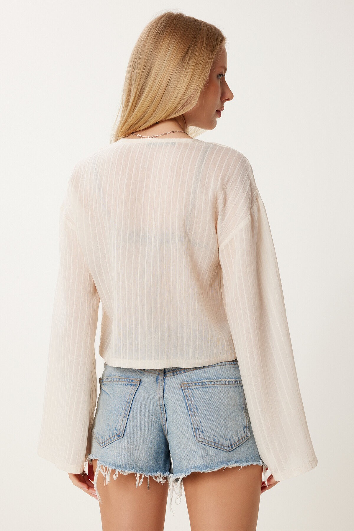 Çizgili Bağlama Detaylı Örme Bluz KREM LRG0020