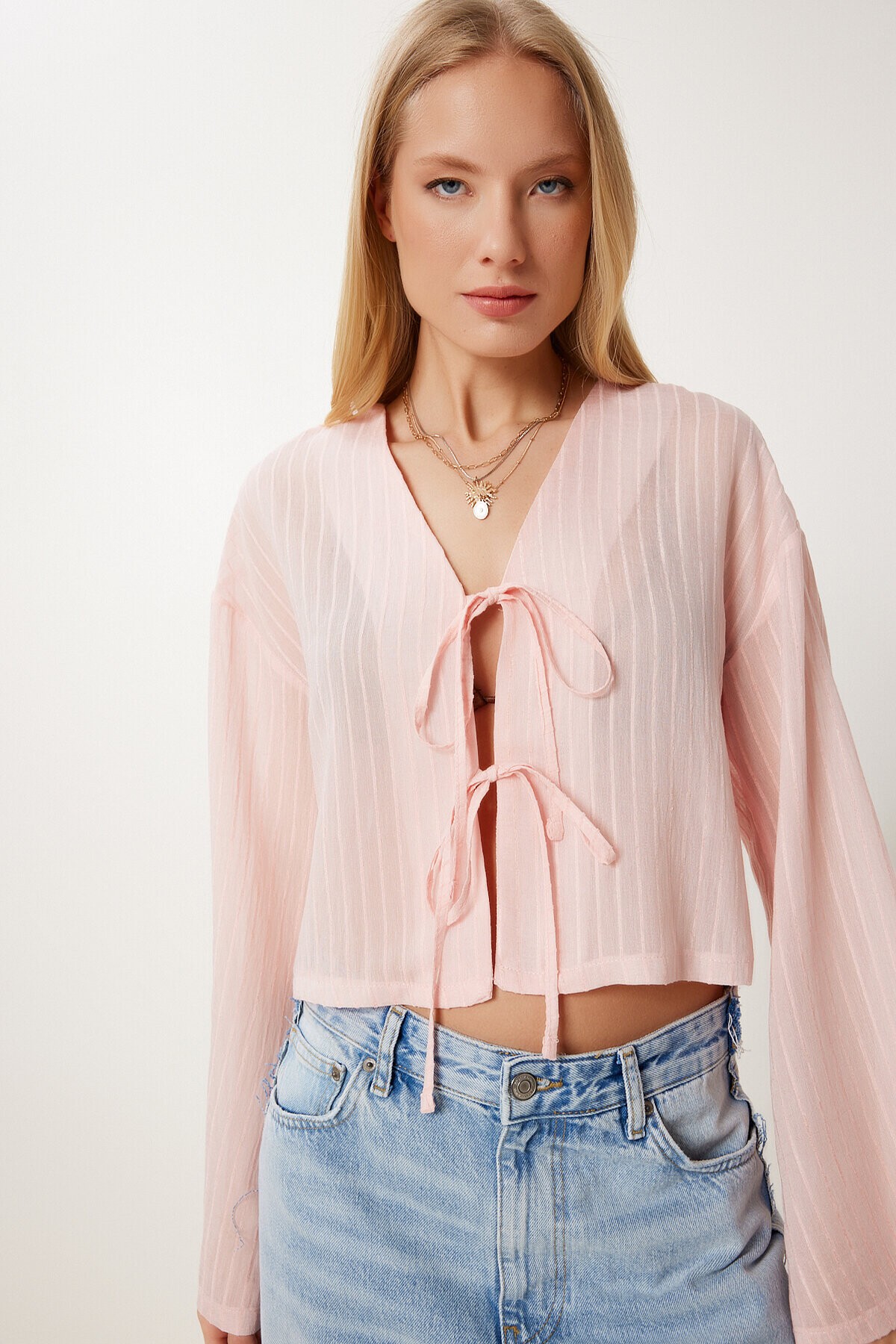 Çizgili Bağlama Detaylı Örme Bluz ŞEKER PEMBE LRG0020