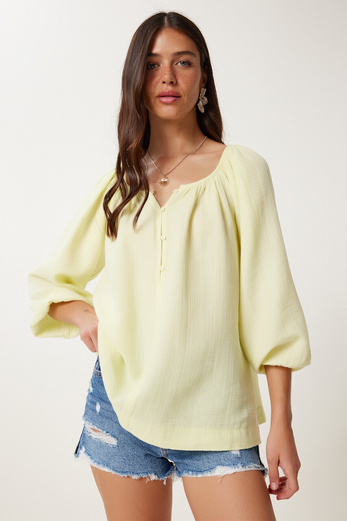 Düğmeli Müslin Bluz SARI LMX0088