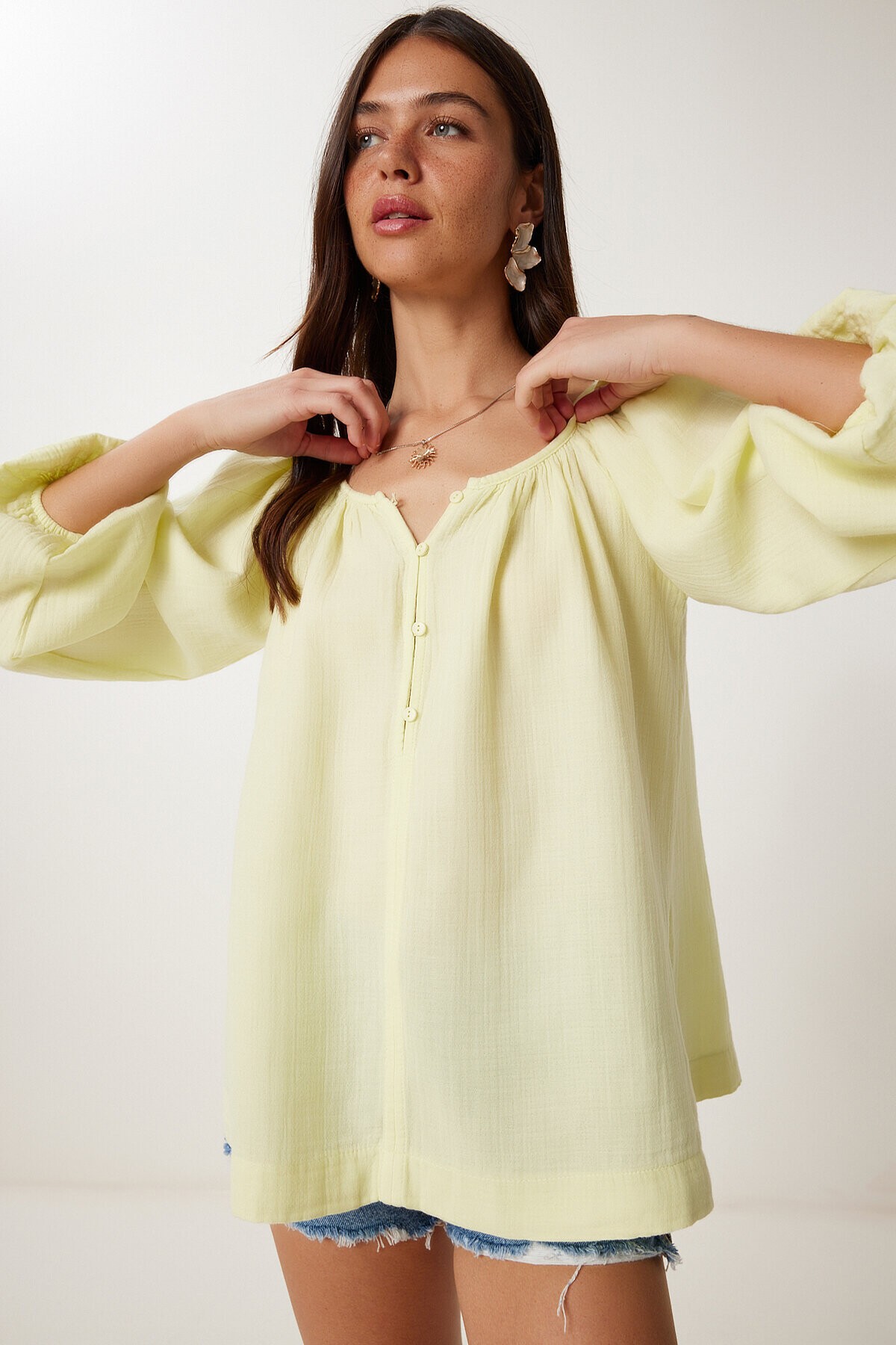 Düğmeli Müslin Bluz SARI LMX0088