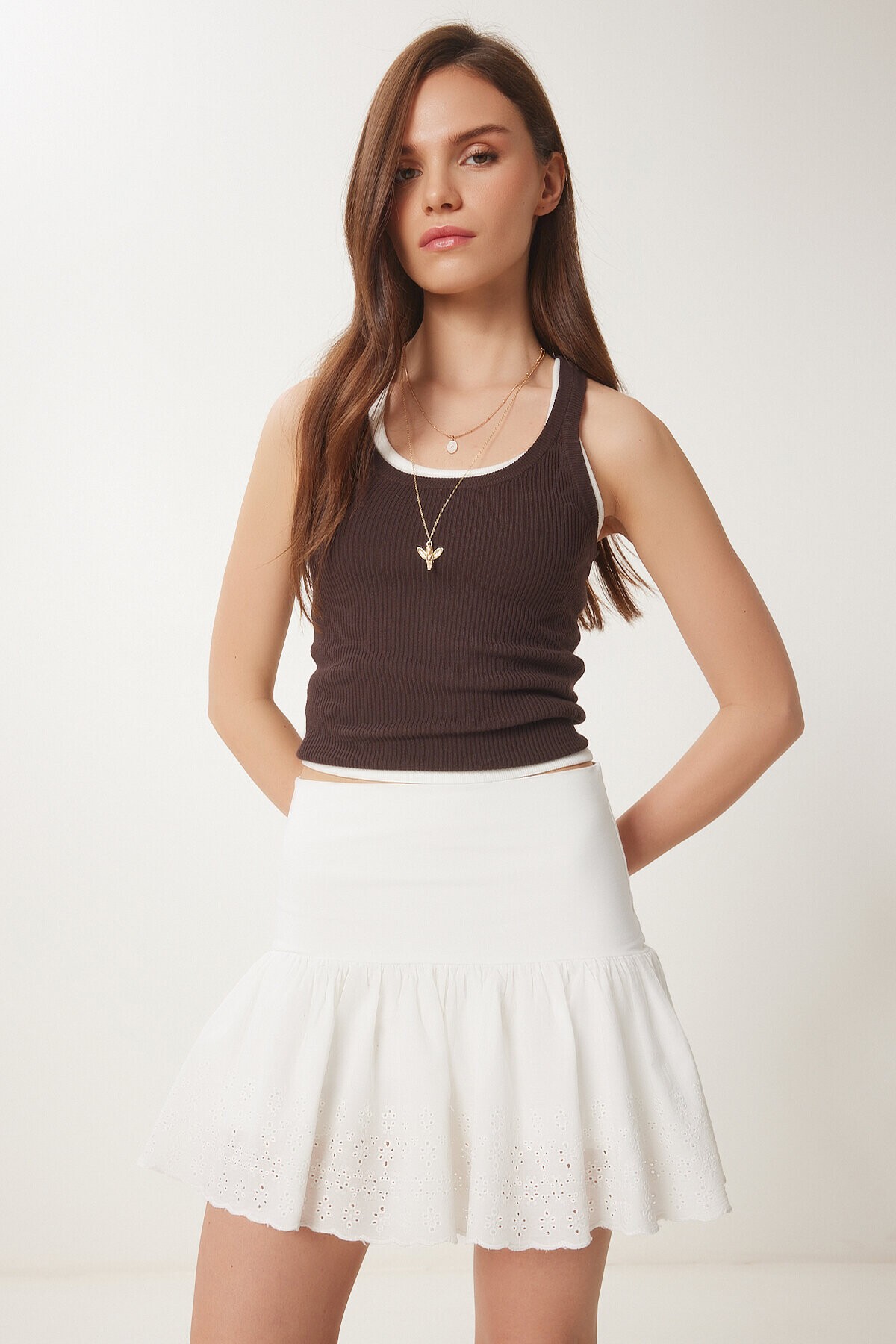 Fistolu Örme Mini Şort Etek KEMİK LNJ0024