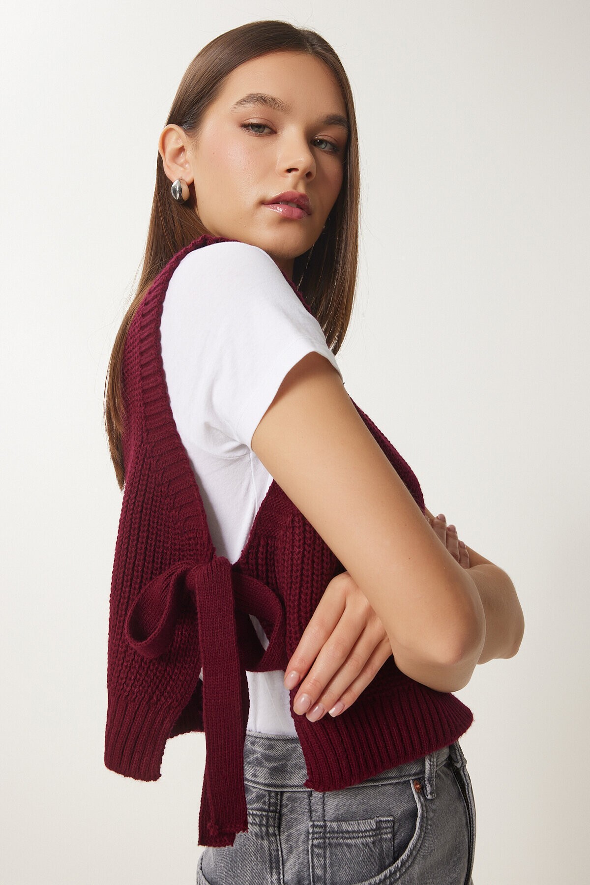 Fiyonklu Bağlamalı Crop Triko Süveter BORDO LMT0025