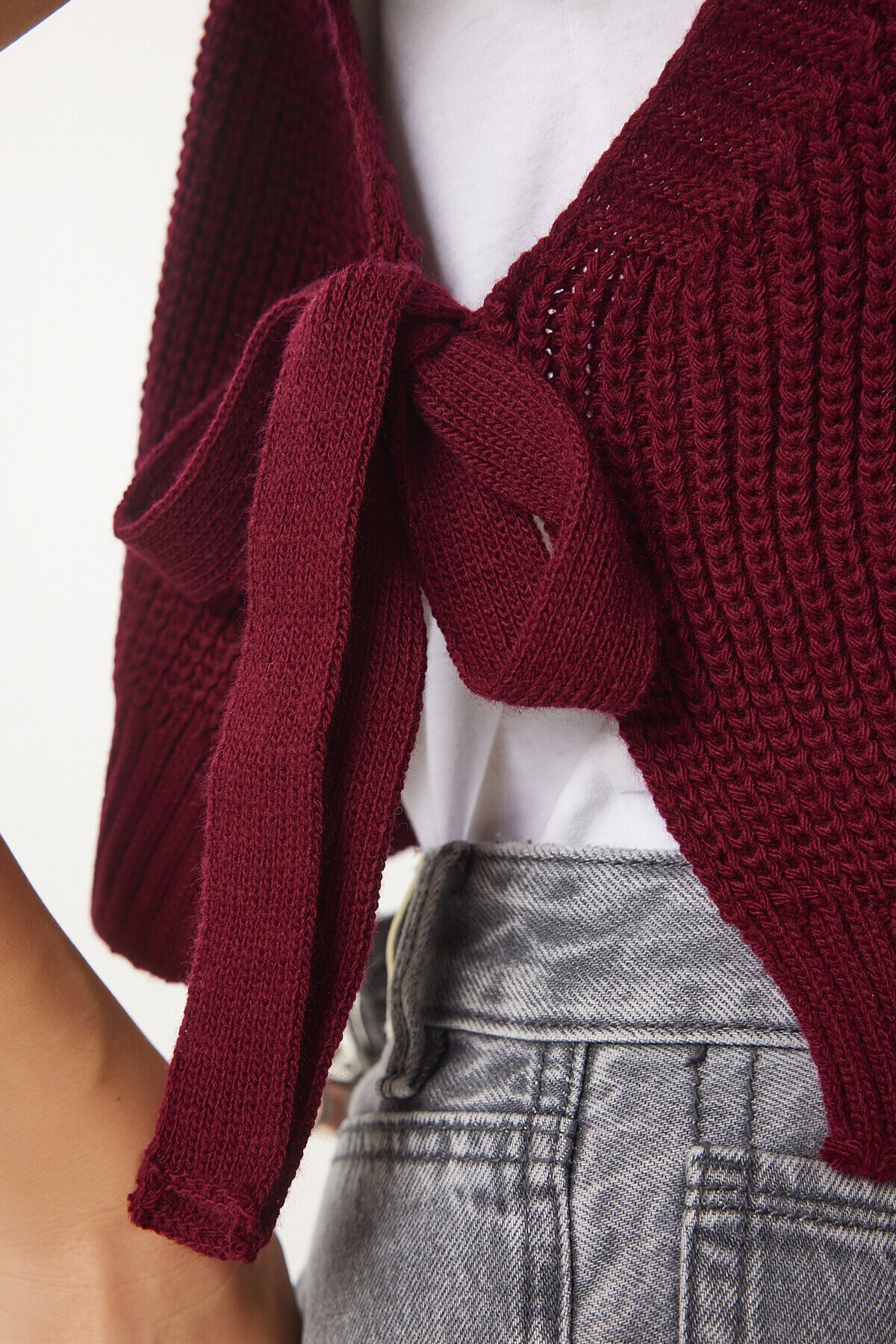 Fiyonklu Bağlamalı Crop Triko Süveter BORDO LMT0025