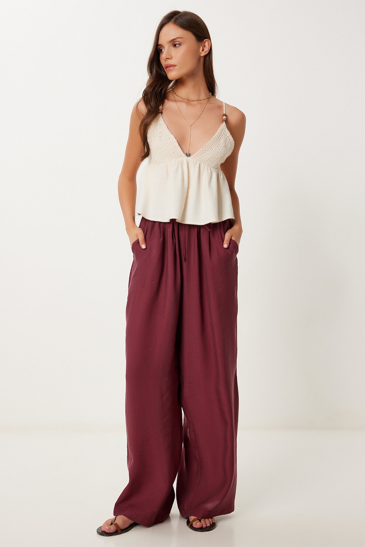 Geniş Paça Rahat Modal Pantolon BORDO LMX0090