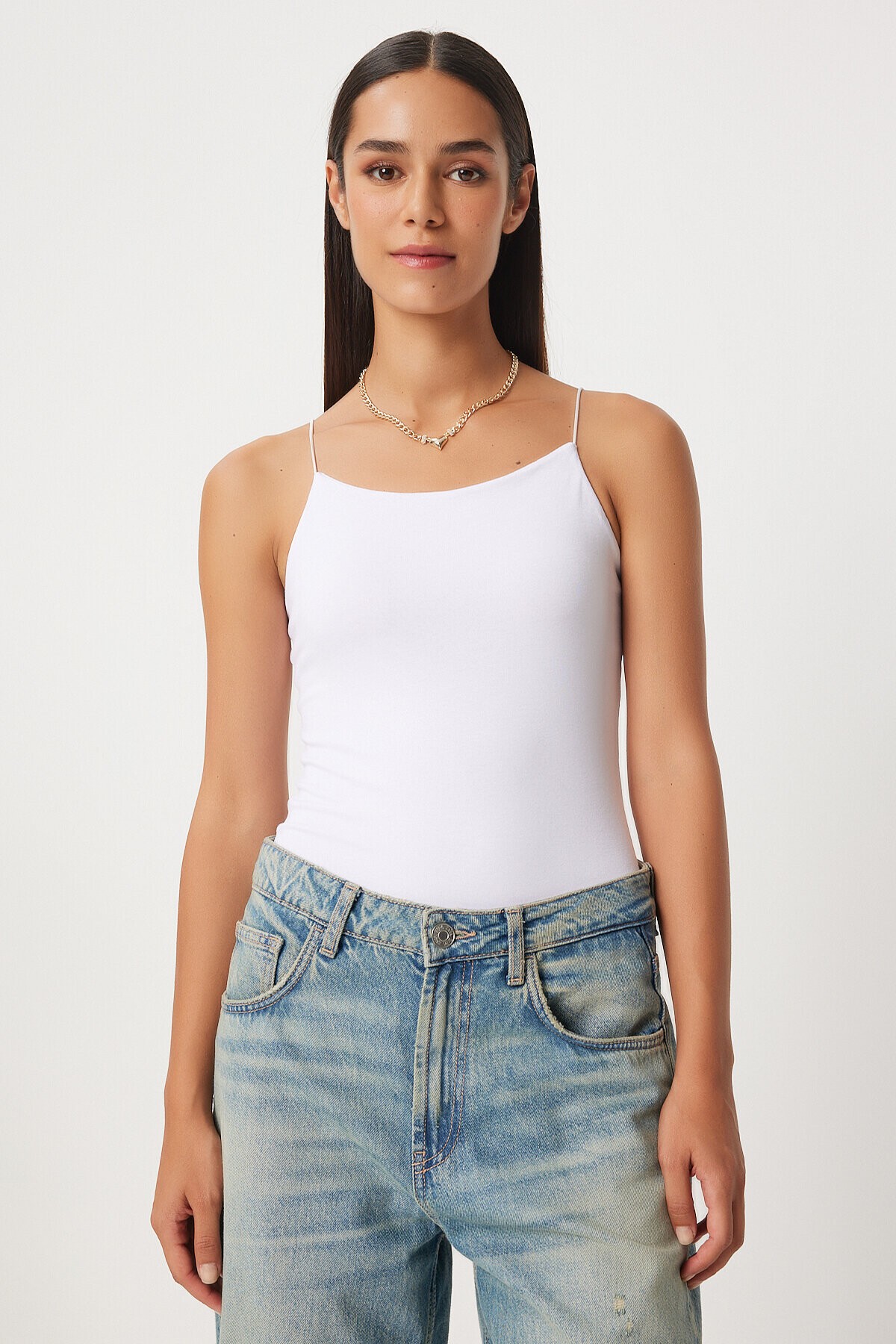 İkili İp Askılı Örme Bluz BEYAZ GRİ LLD0001