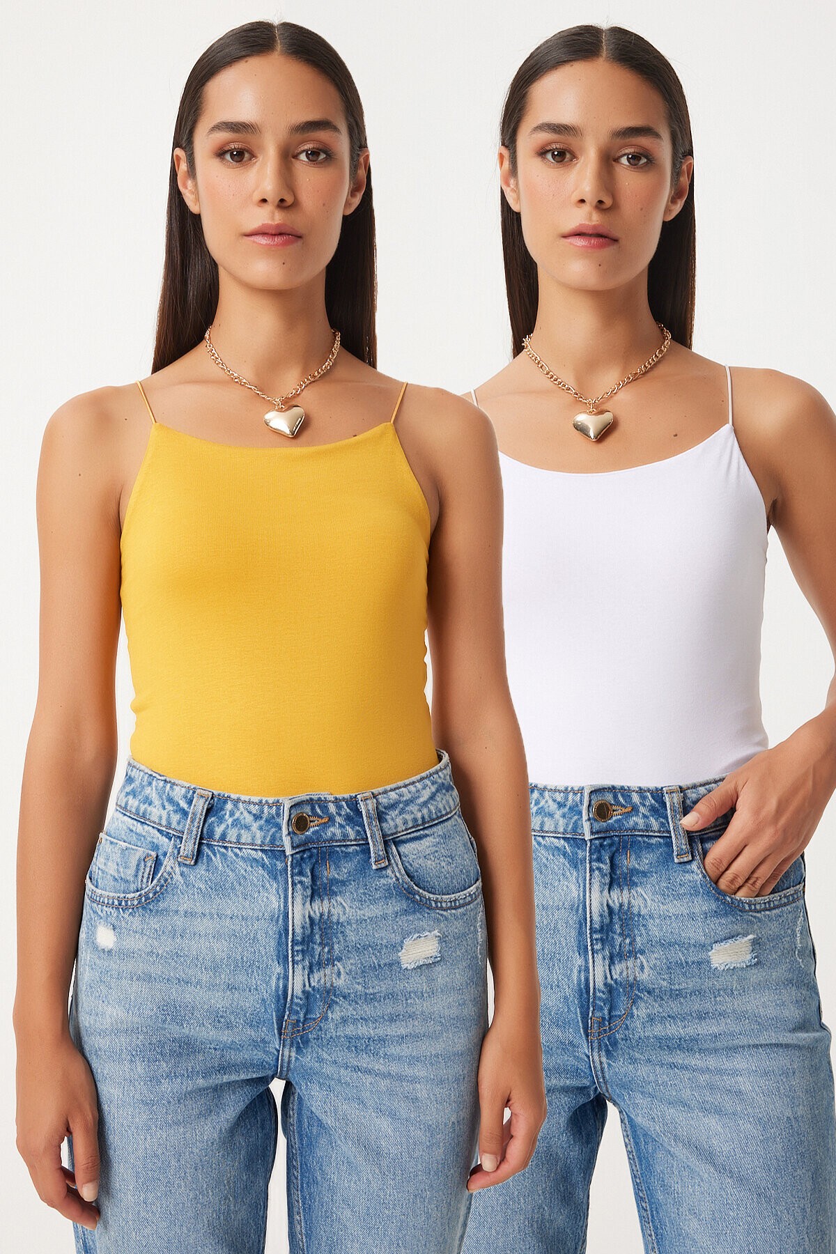 İkili İp Askılı Örme Bluz KOYU SARI BEYAZ LLD0001