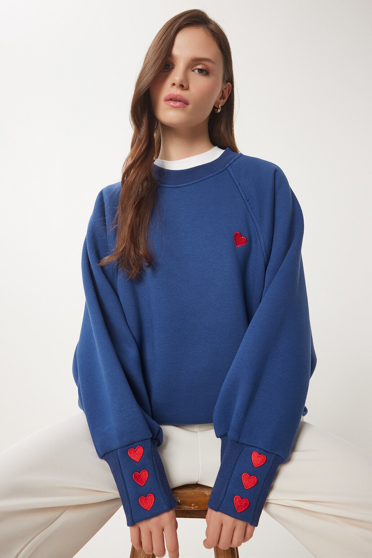 Kalp Nakışlı Şardonlu Örme Sweatshirt KOBALT MAVİ LMP0005