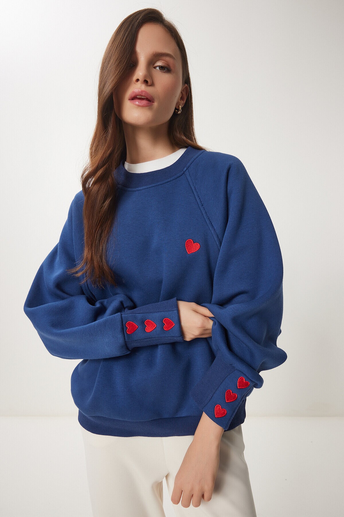 Kalp Nakışlı Şardonlu Örme Sweatshirt KOBALT MAVİ LMP0005