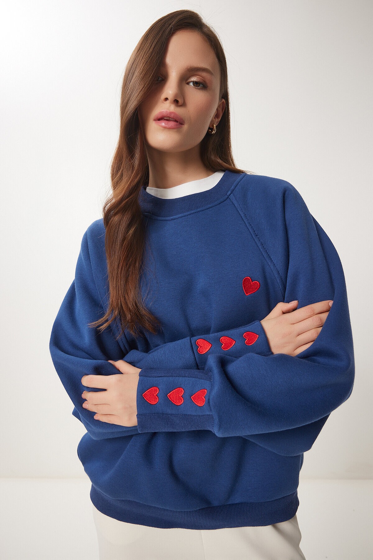 Kalp Nakışlı Şardonlu Örme Sweatshirt KOBALT MAVİ LMP0005