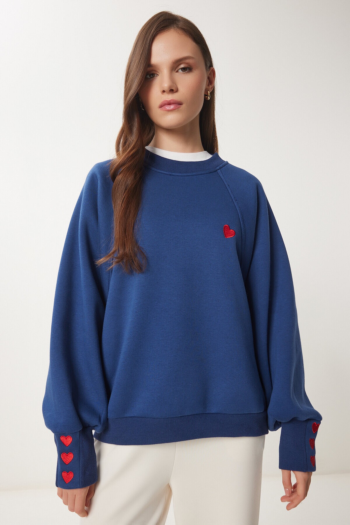 Kalp Nakışlı Şardonlu Örme Sweatshirt KOBALT MAVİ LMP0005