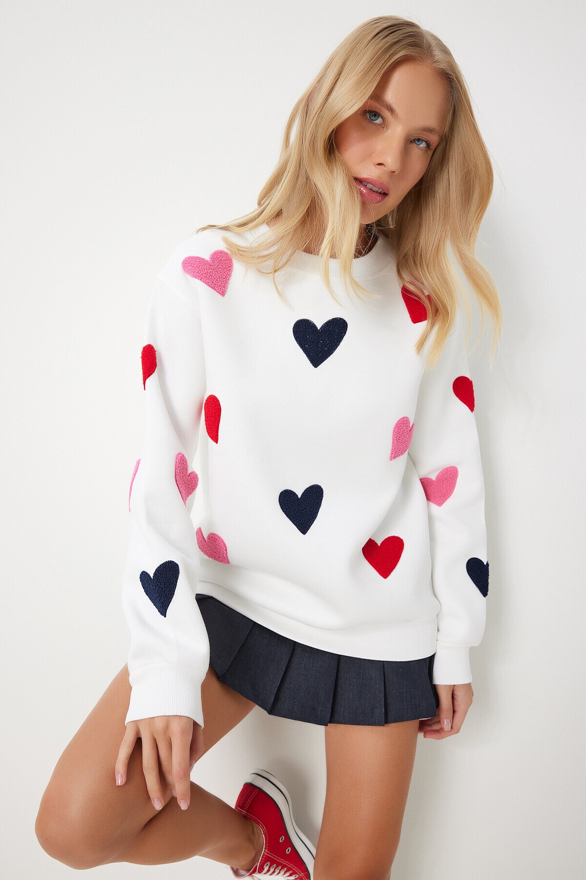 Kalpli Dokulu Şardonlu Örme Sweatshirt EKRU LNJ0016