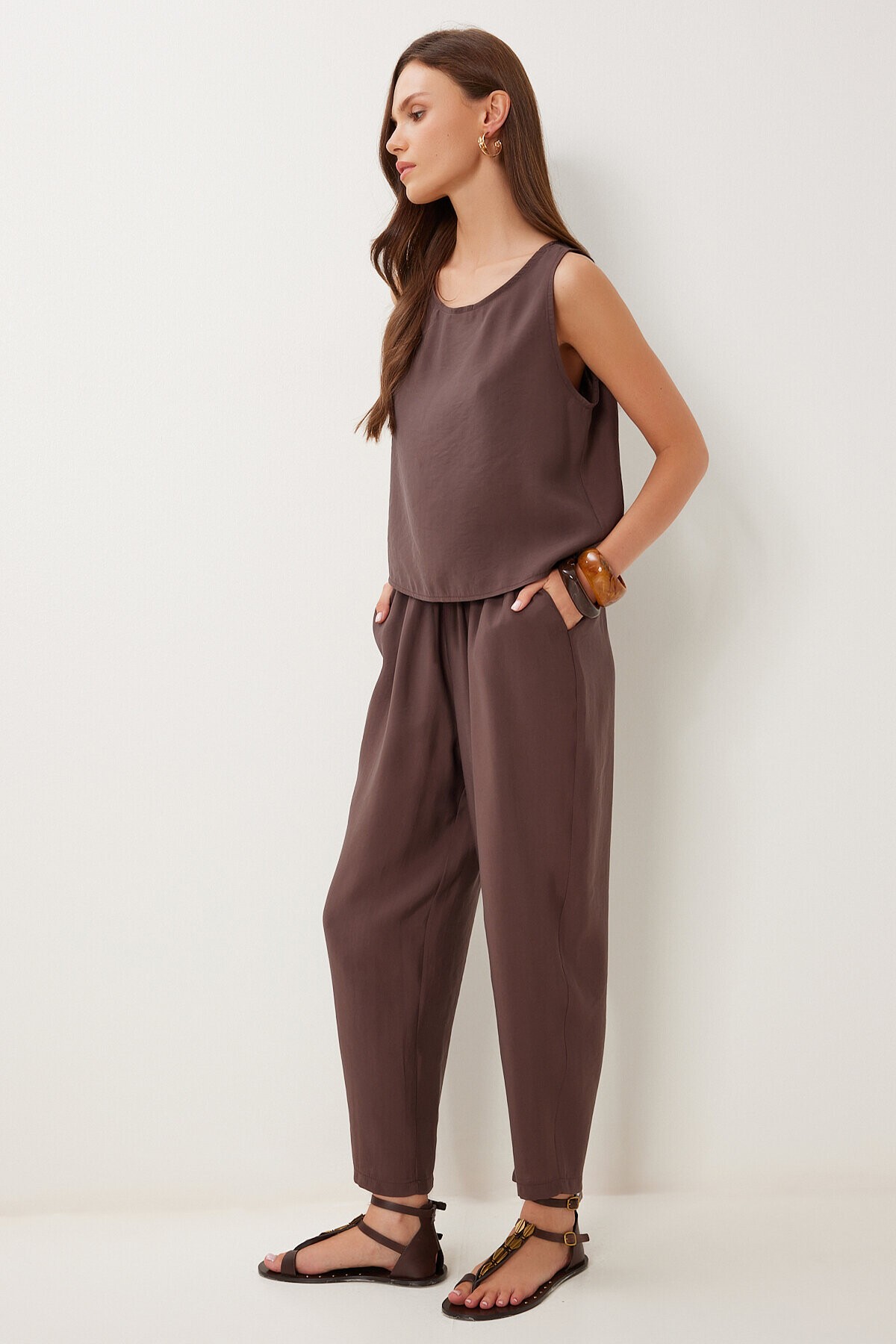 Kolsuz Bluz Pantolon Takım KAHVERENGİ LMC0058