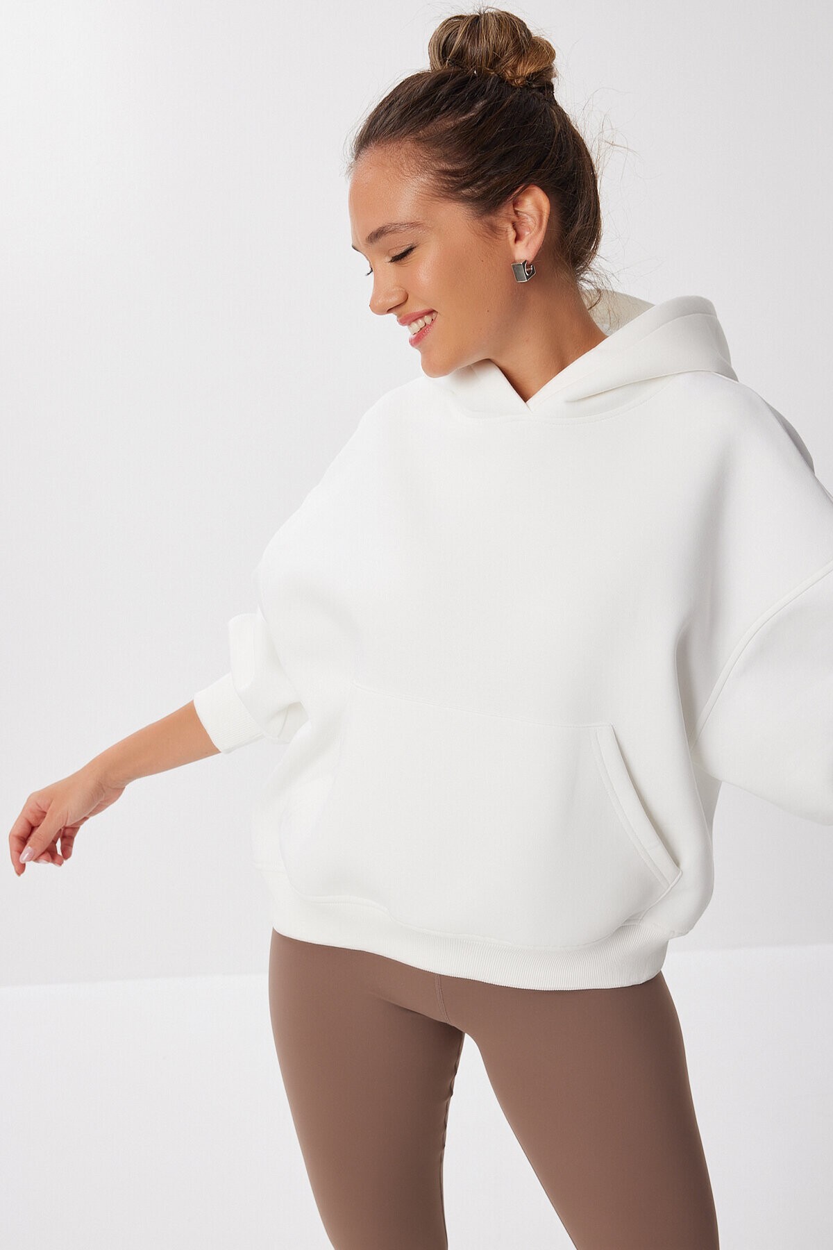 Oversize Kapüşonlu Şardonlu Örme Sweatshirt EKRU LMC0073