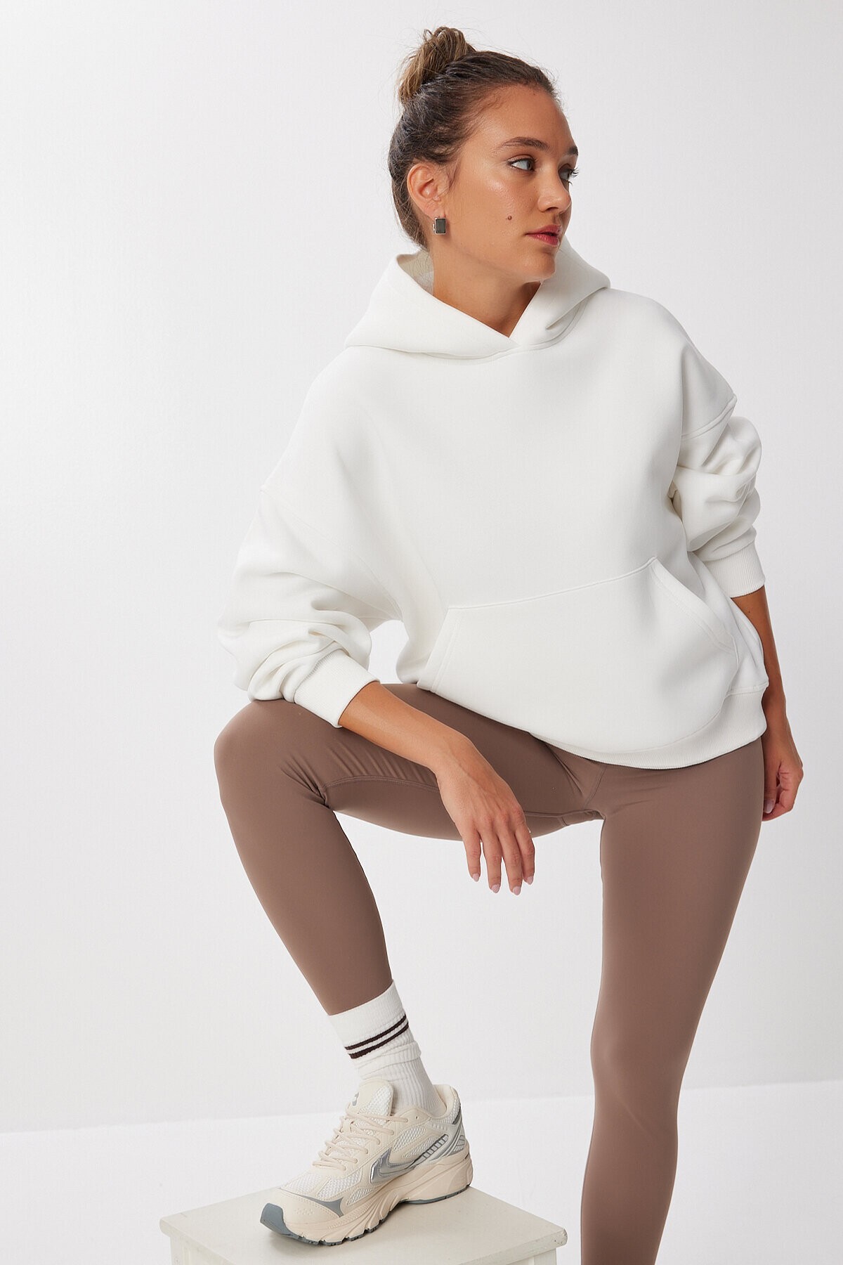 Oversize Kapüşonlu Şardonlu Örme Sweatshirt EKRU LMC0073