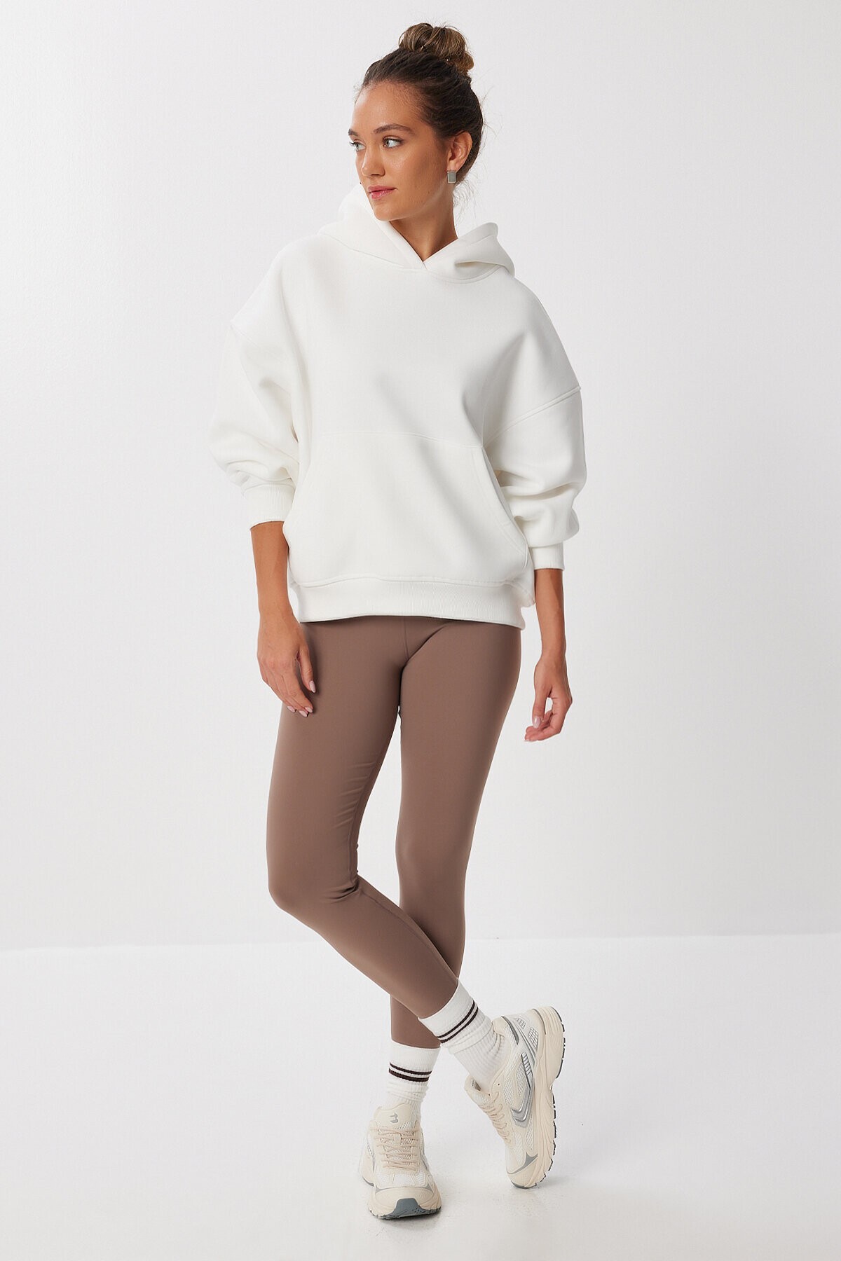 Oversize Kapüşonlu Şardonlu Örme Sweatshirt EKRU LMC0073