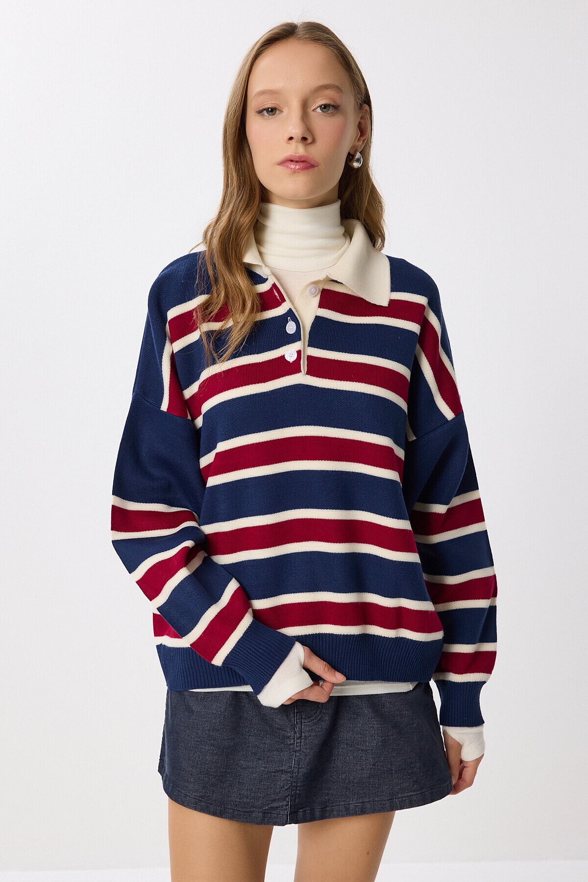 Polo Yaka Çizgili Triko Kazak LACİVERT BORDO LMW0024