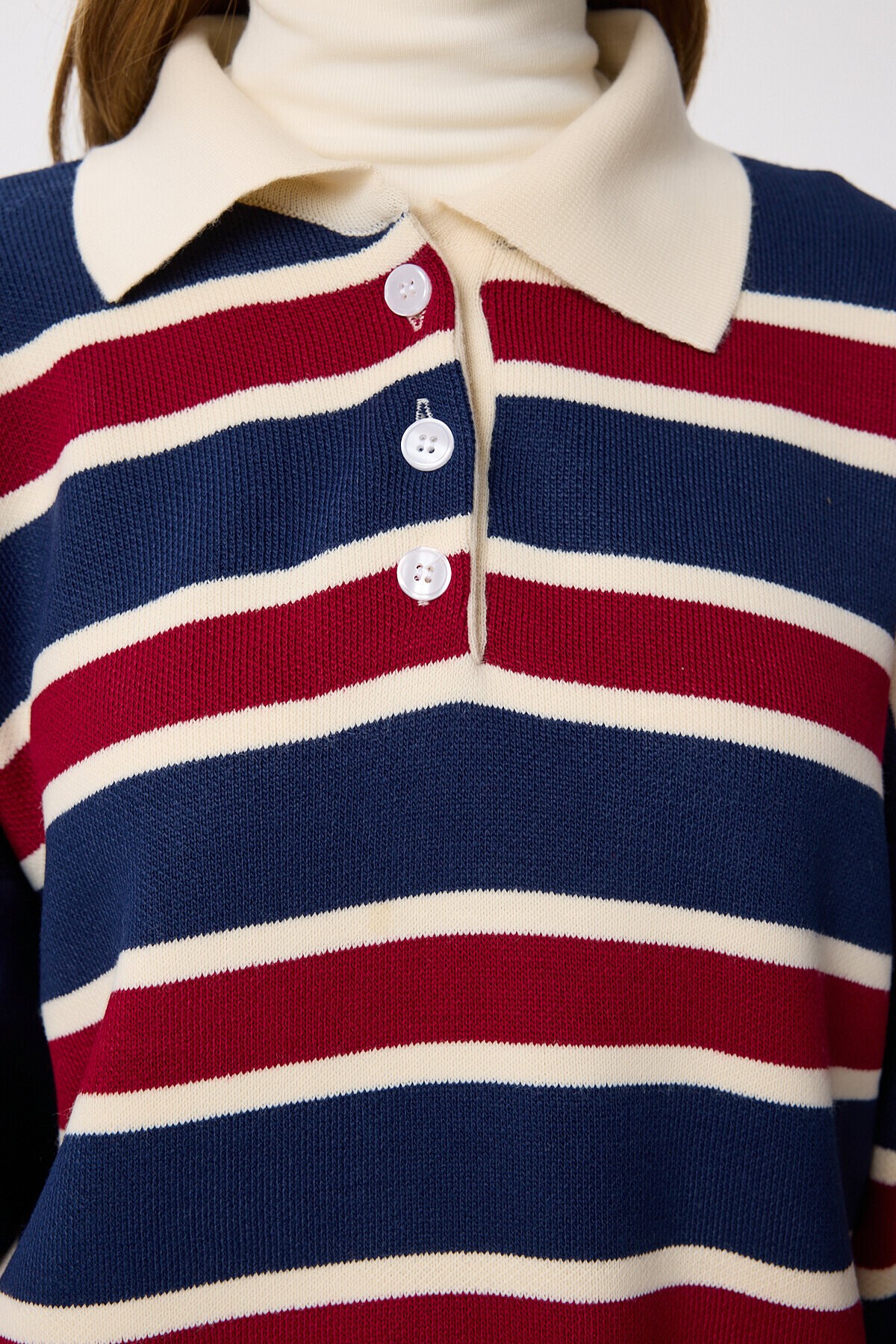 Polo Yaka Çizgili Triko Kazak LACİVERT BORDO LMW0024