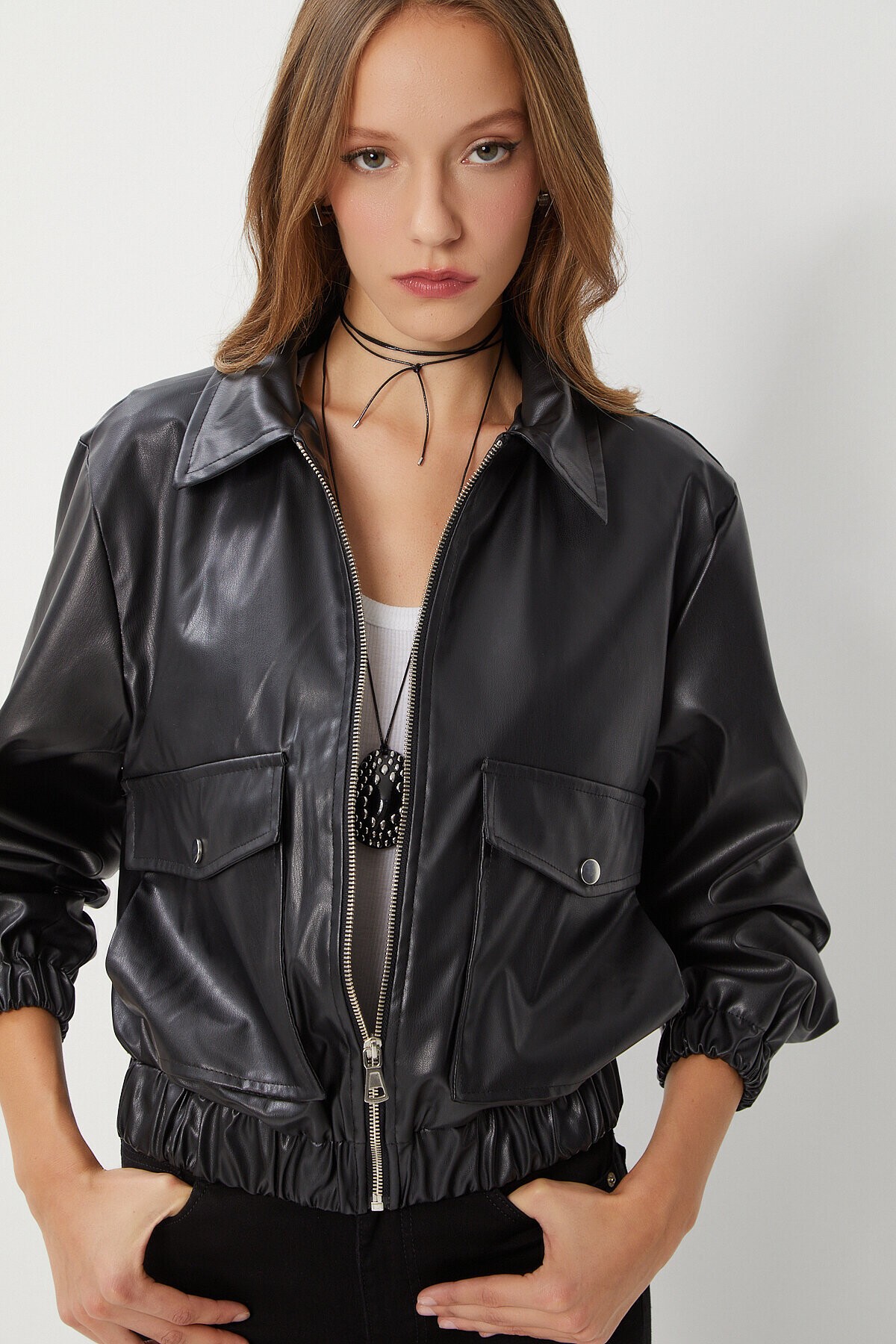 Suni Deri Bomber Ceket SİYAH LNT0011