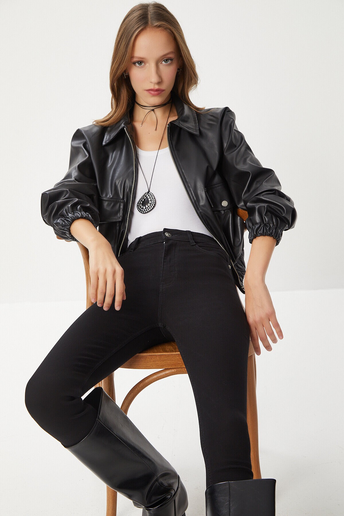 Suni Deri Bomber Ceket SİYAH LNT0011