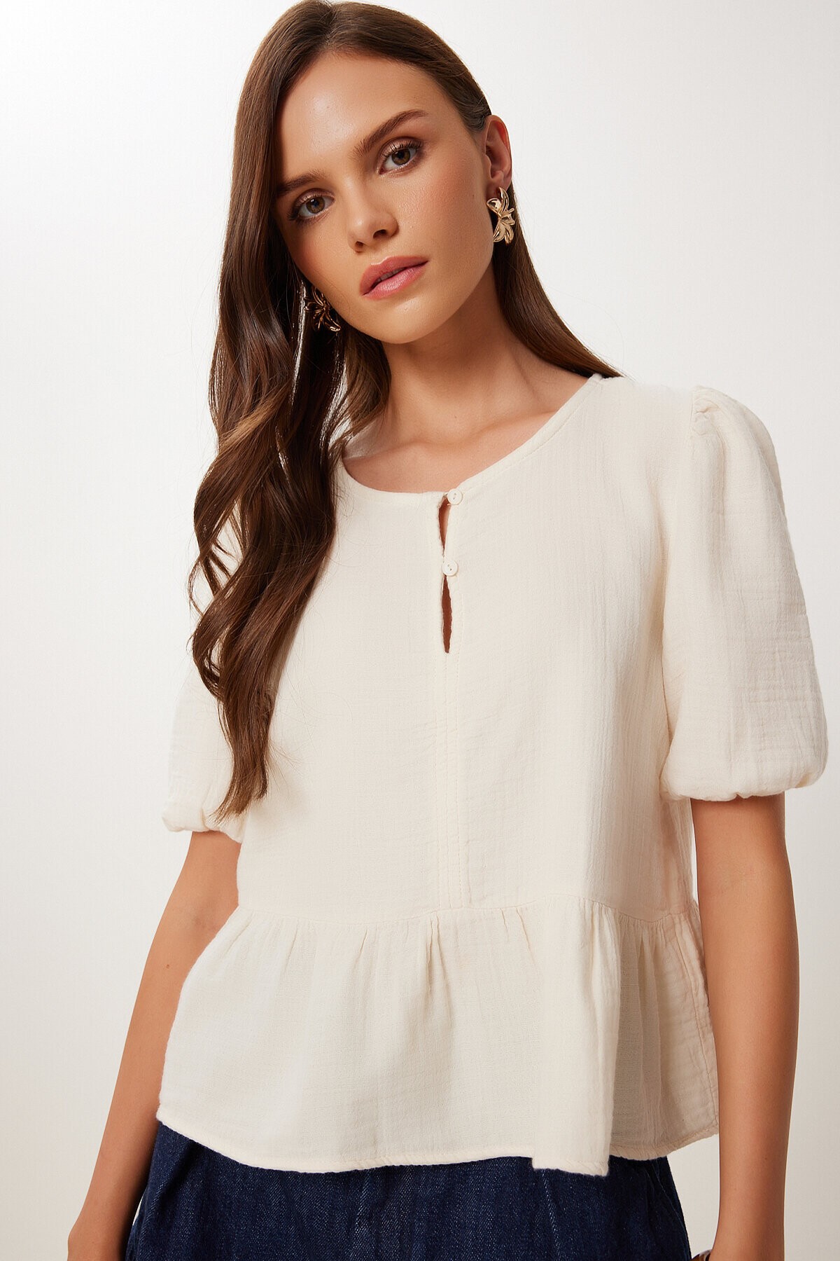 Volanlı Müslin Bluz KREM LMX0091